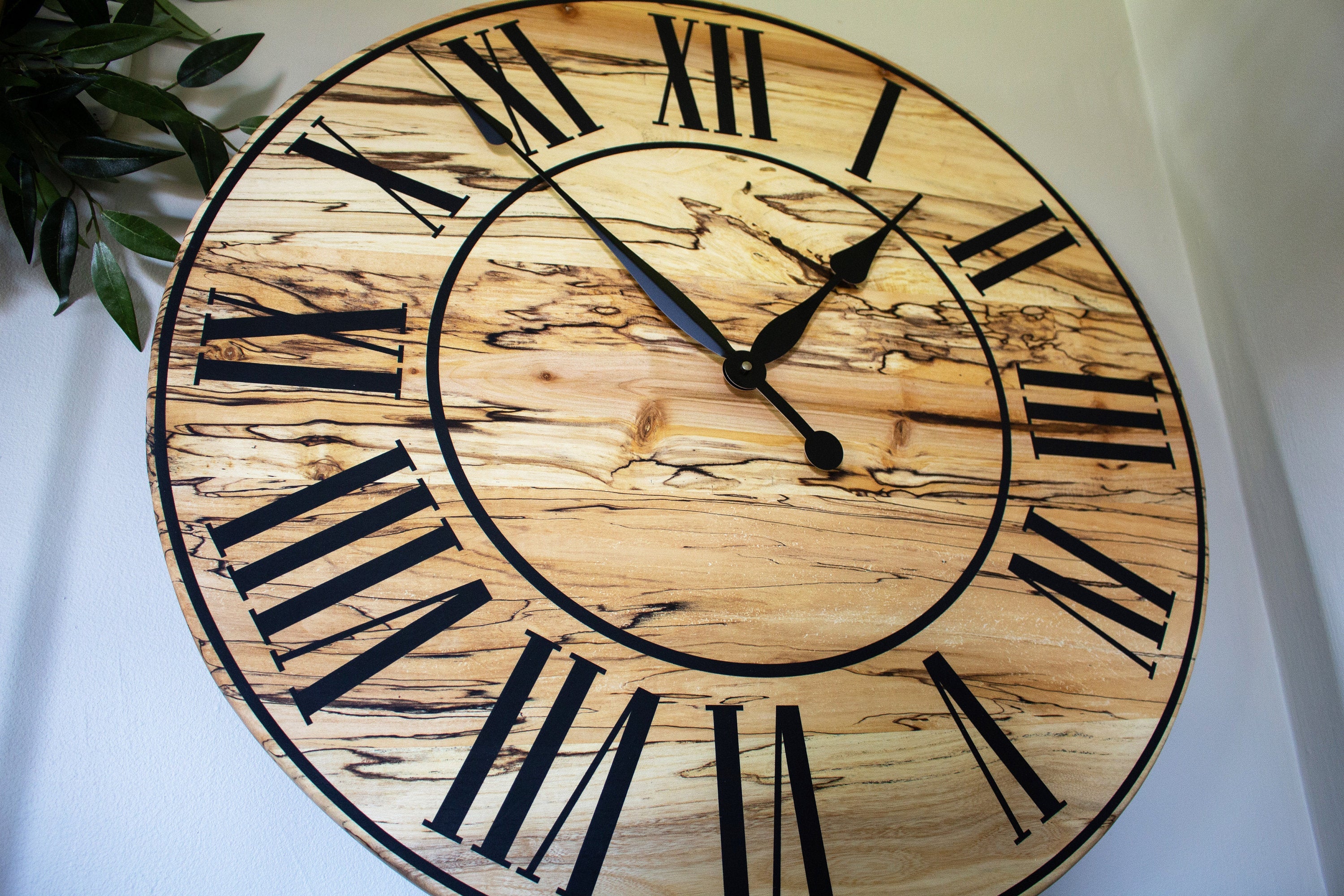 Solid Spalted Maple Wall Clock with Black Lines and Roman Numerals