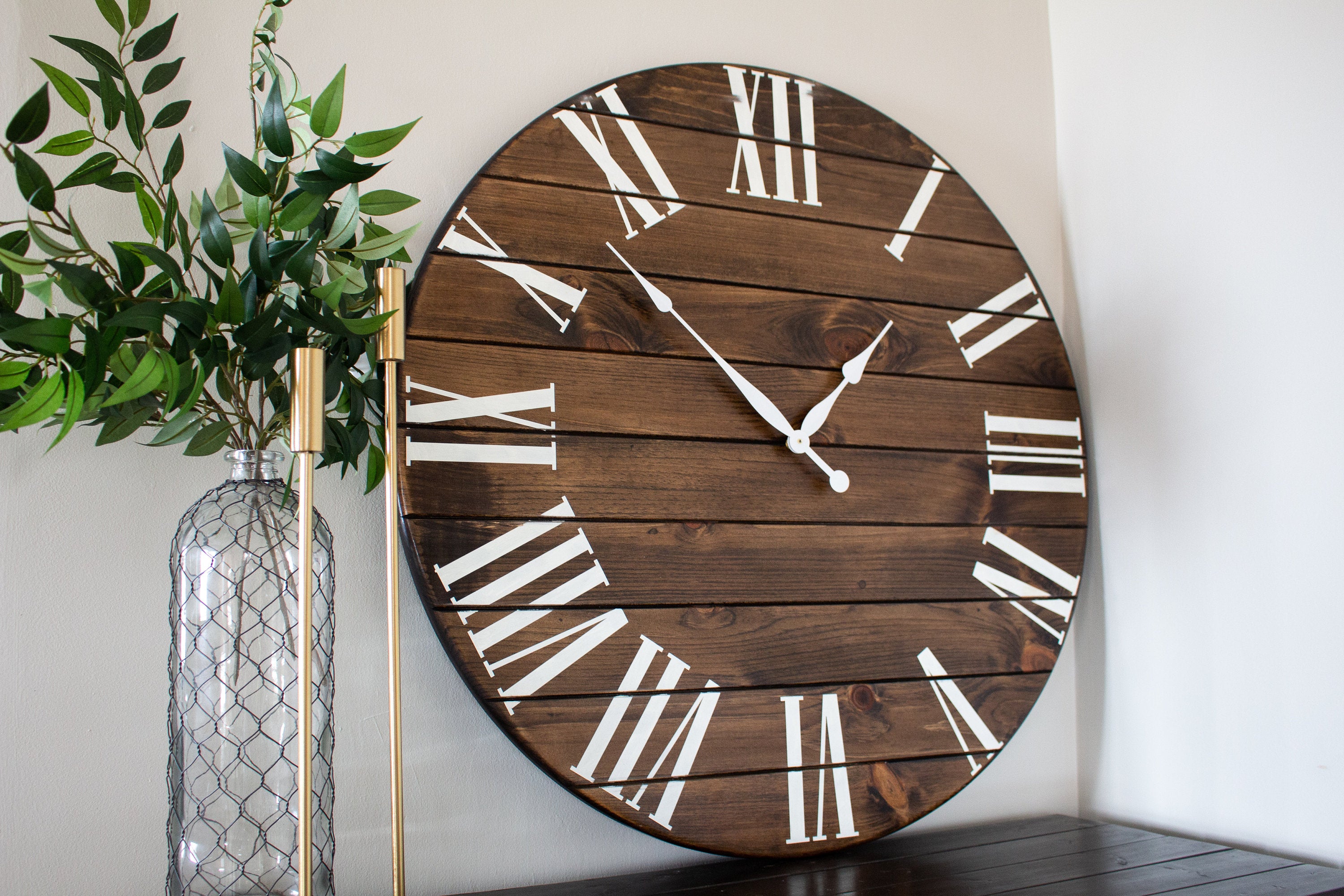 Dark Stained Large Farmhouse Wall Clock with White Roman Numerals Handmade Furniture in Iowa, USA