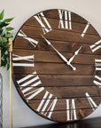 Dark Stained Large Farmhouse Wall Clock with White Roman Numerals Handmade Furniture in Iowa, USA