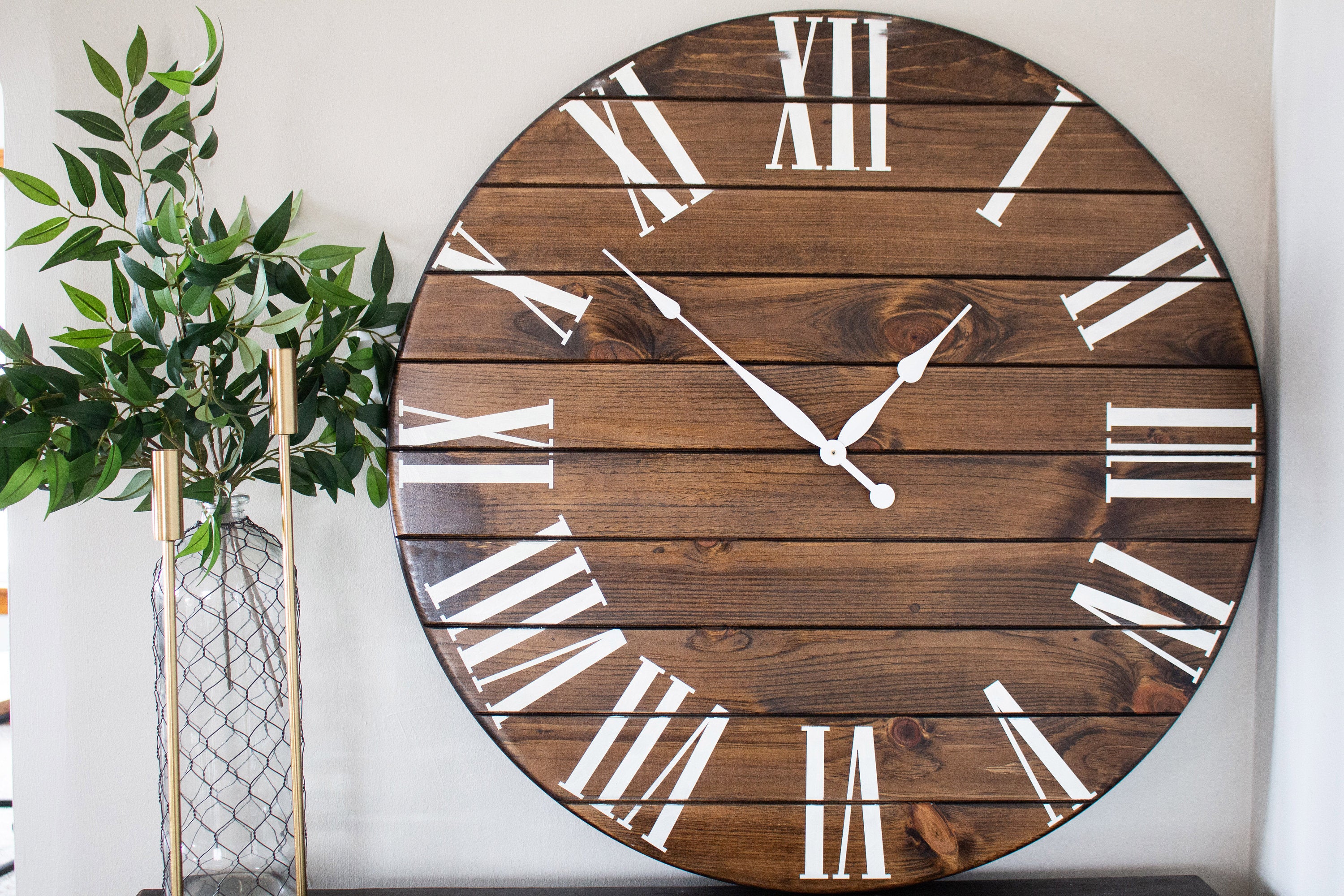 Dark Stained Large Farmhouse Wall Clock with White Roman Numerals Handmade Furniture in Iowa, USA