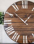 Dark Stained Large Farmhouse Wall Clock with White Roman Numerals Handmade Furniture in Iowa, USA