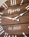 Personalized Dark Stained Large Farmhouse Wall Clock with White Roman Numerals