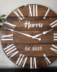 Personalized Dark Stained Large Farmhouse Wall Clock with White Roman Numerals