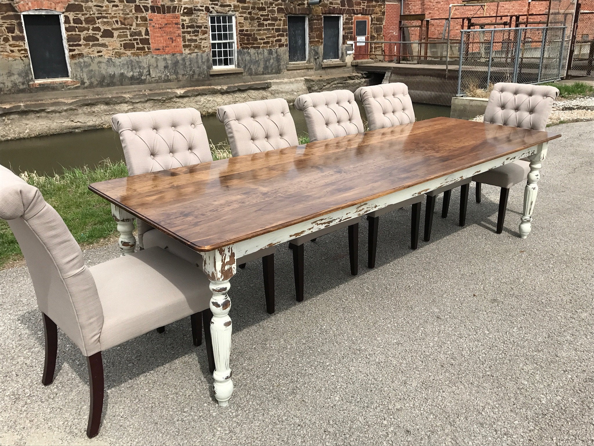 Farmhouse Dining Table with White Distressed Legs and Stained Top Handmade Furniture in Iowa, USA