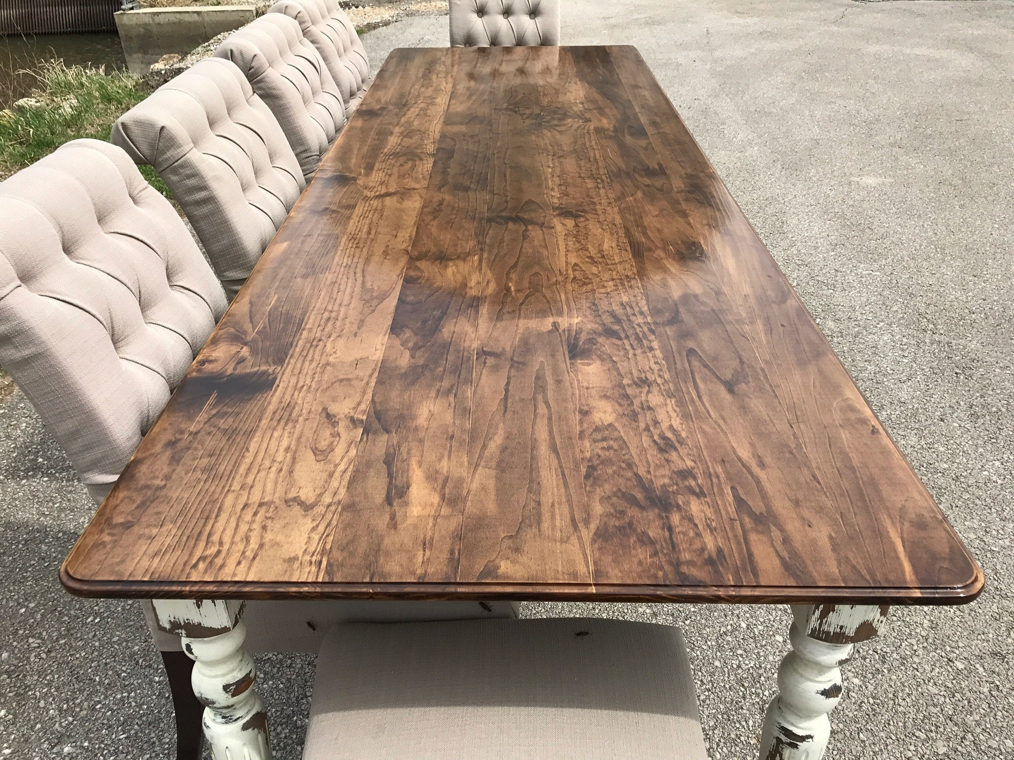 Farmhouse Dining Table with White Distressed Legs and Stained Top Handmade Furniture in Iowa, USA