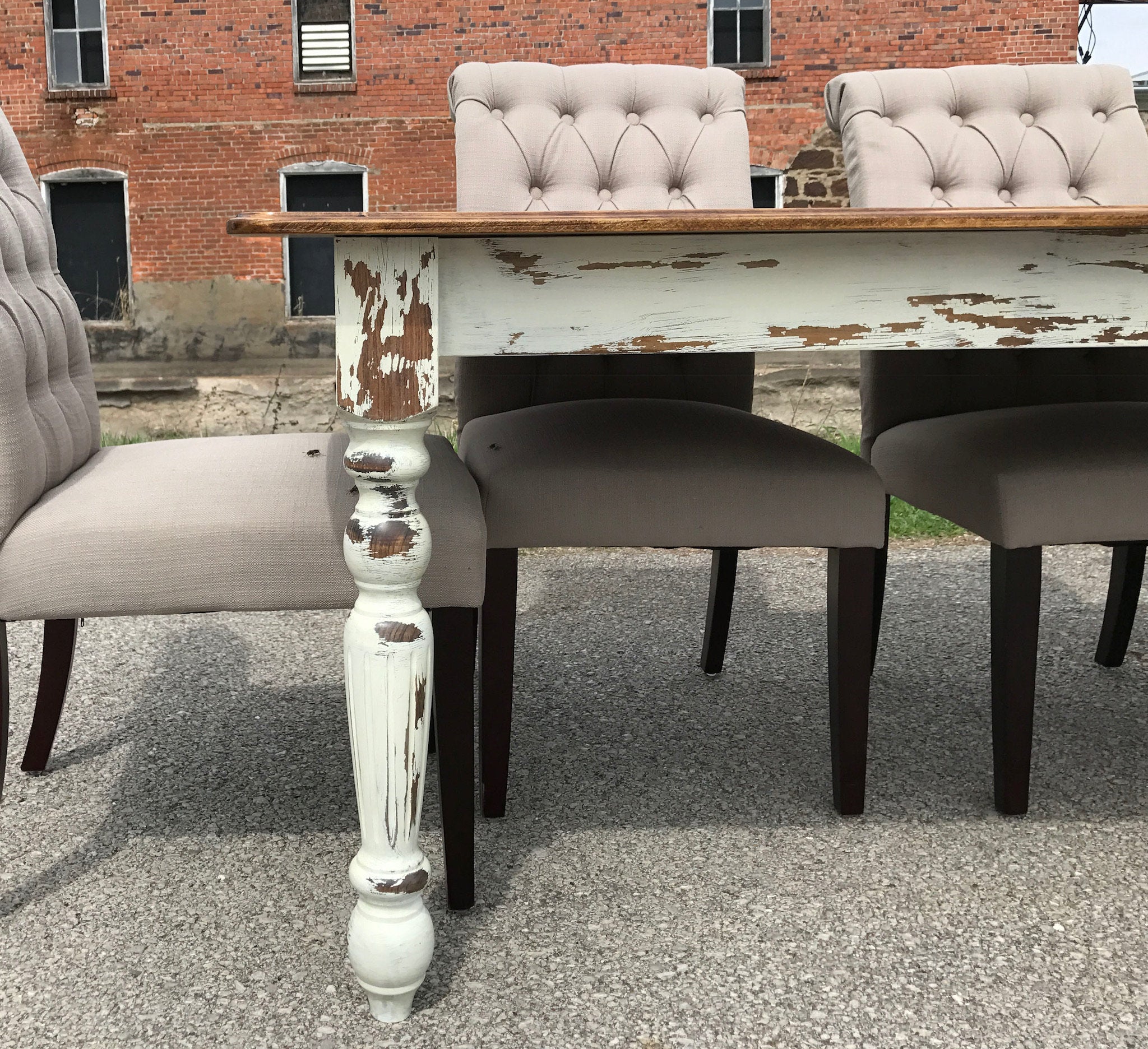 Farmhouse Dining Table with White Distressed Legs and Stained Top Handmade Furniture in Iowa, USA