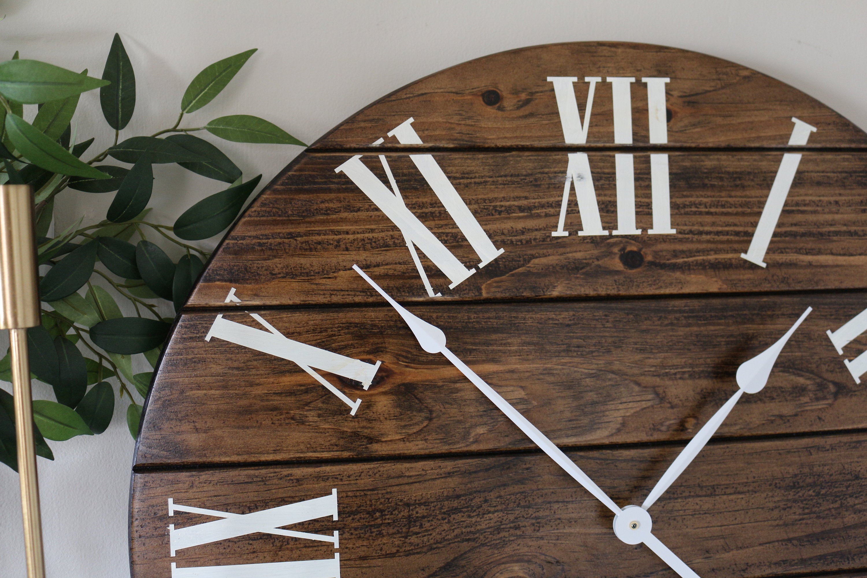 Dark Stained Large Farmhouse Wall Clock with White Roman Numerals Handmade Furniture in Iowa, USA