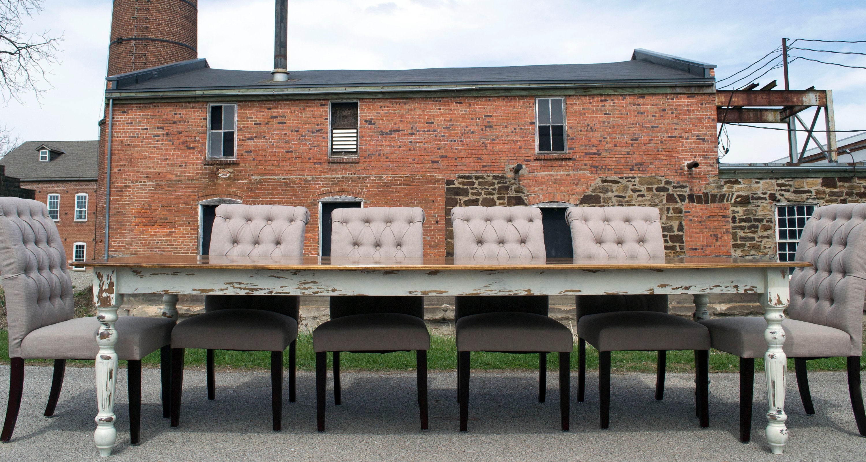 Farmhouse Dining Table with White Distressed Legs and Stained Top Handmade Furniture in Iowa, USA