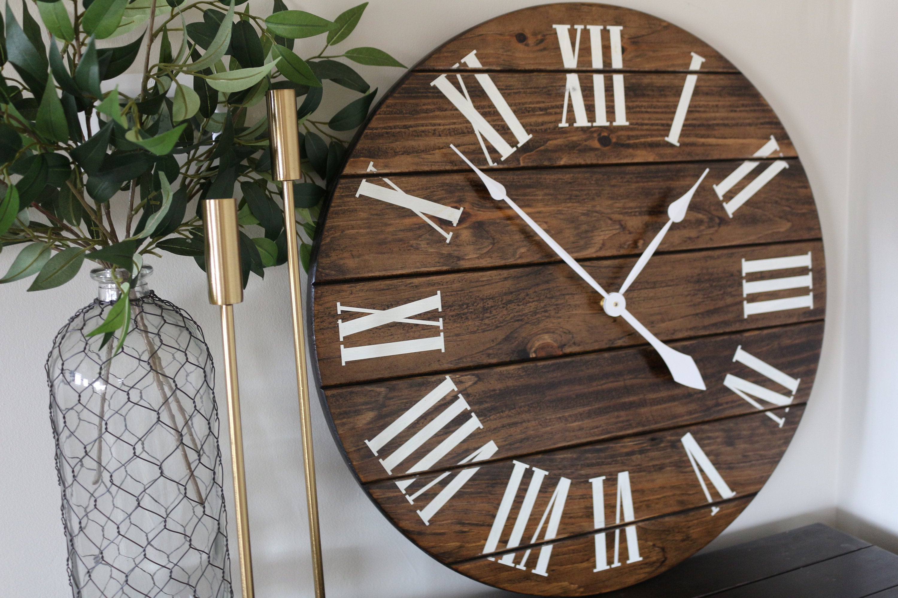 Dark Stained Large Farmhouse Wall Clock with White Roman Numerals Handmade Furniture in Iowa, USA