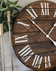 Dark Stained Large Farmhouse Wall Clock with White Roman Numerals Handmade Furniture in Iowa, USA