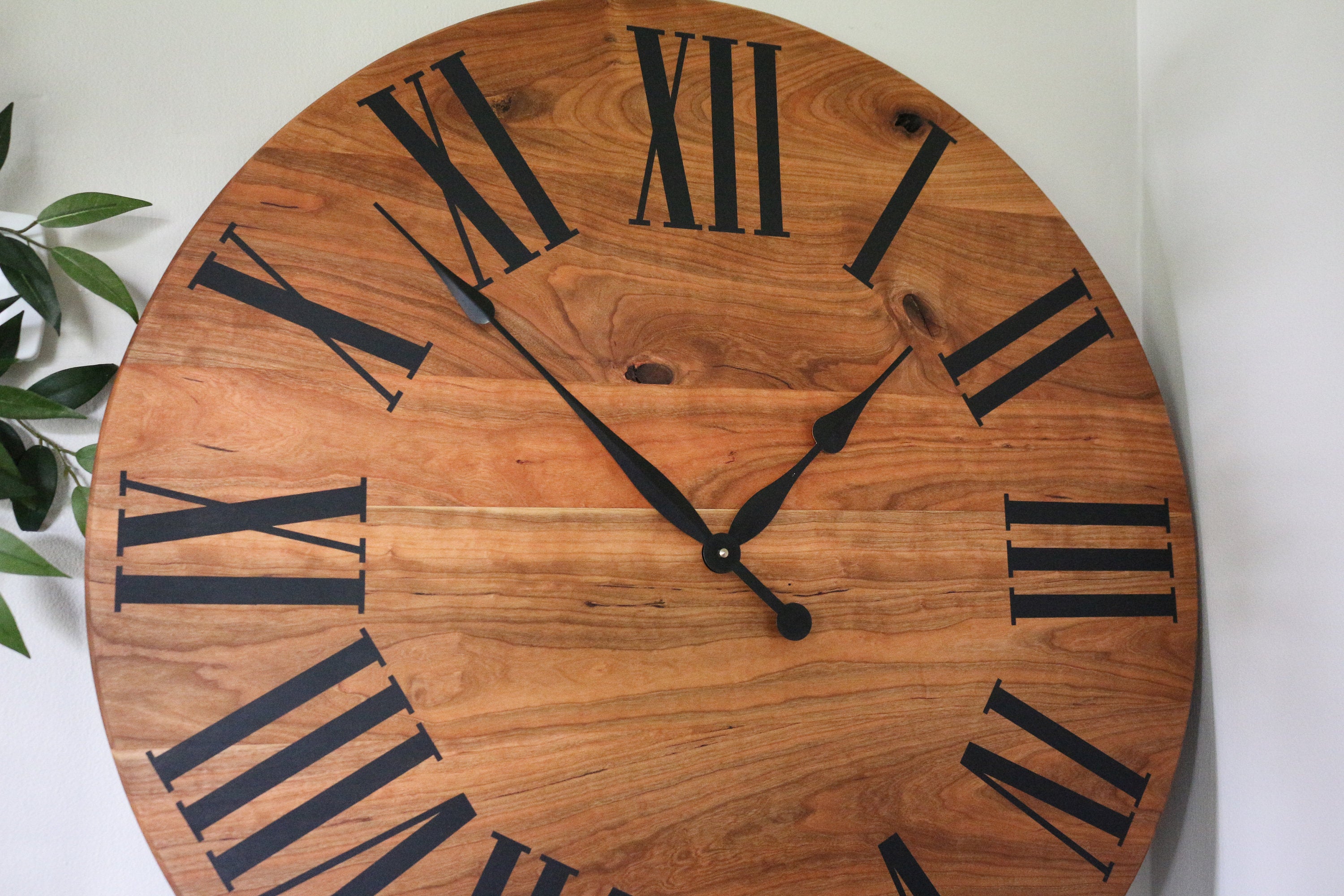 Large Solid Cherry Hardwood Wall Clock with Black Roman Numerals
