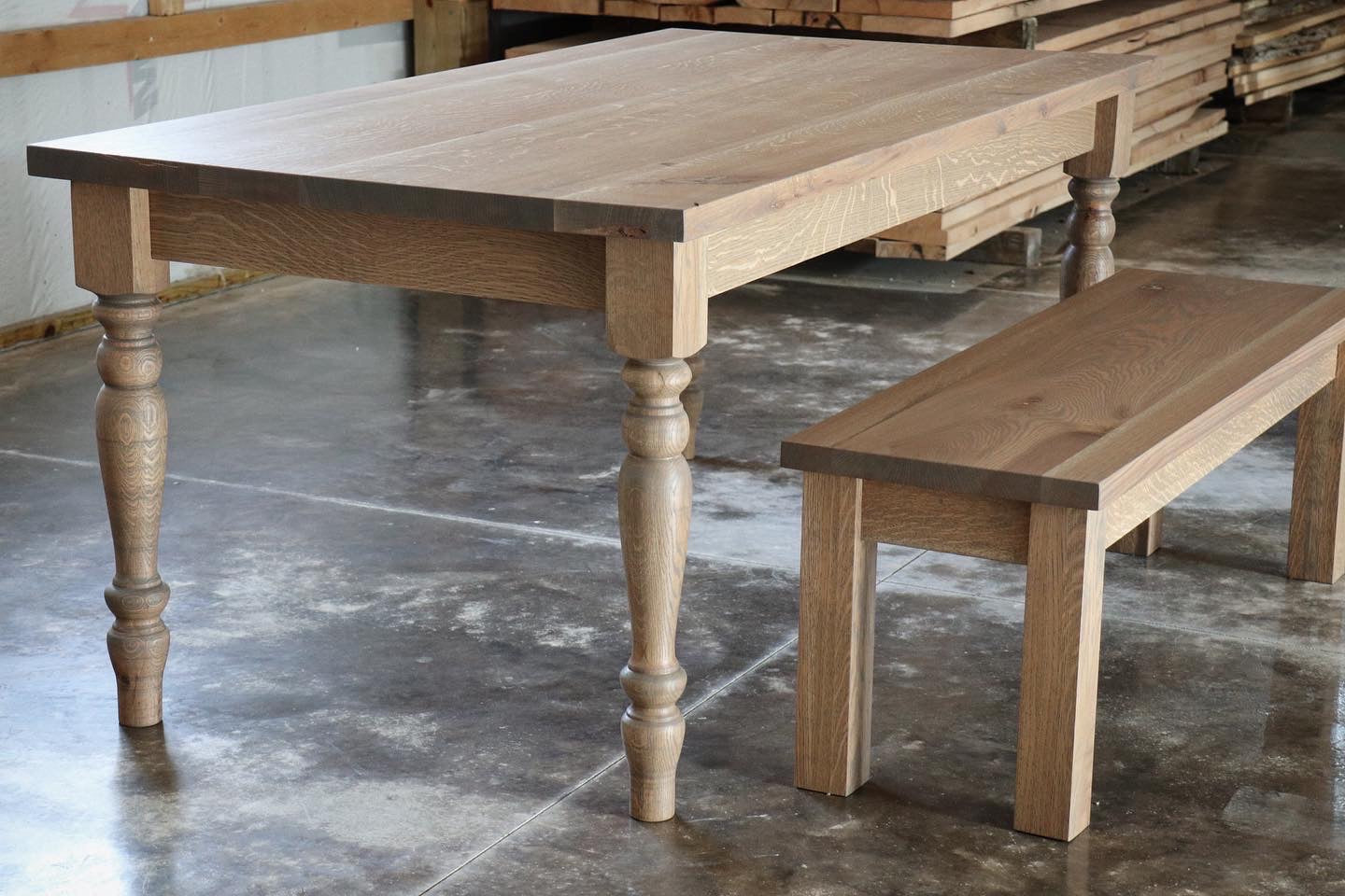 Solid White Oak Farmhouse Style Dining Table with Bench