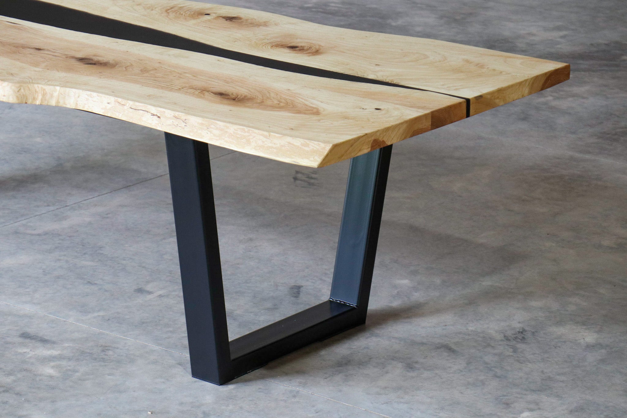 Modern Ash Wood Epoxy River Dining Table with Tapered Legs, Hardwood and Steel