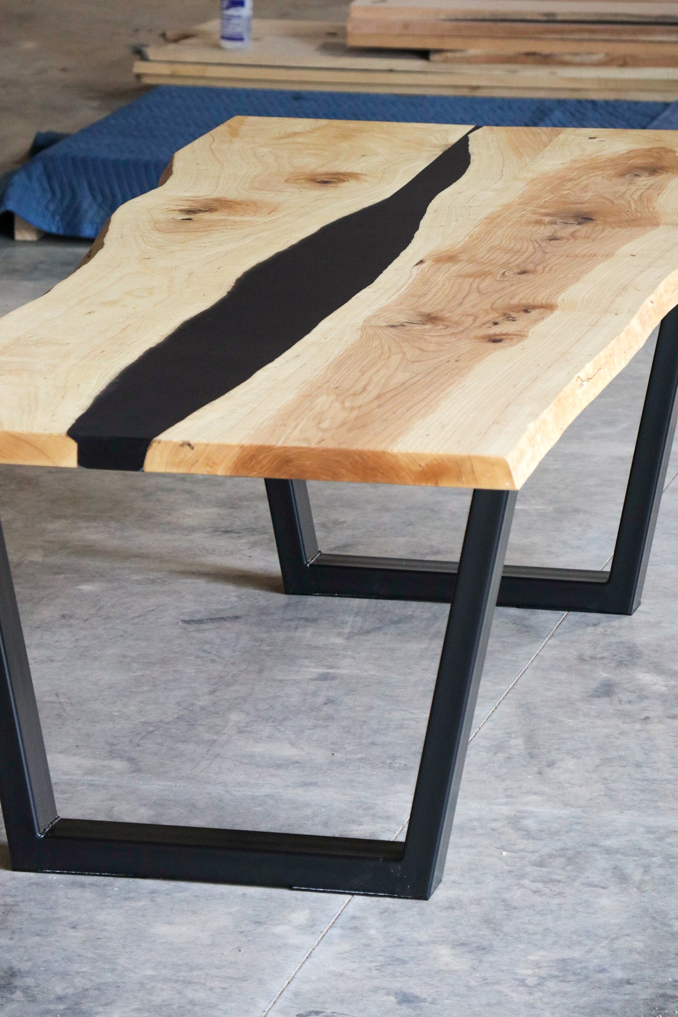 Modern Ash Wood Epoxy River Dining Table with Tapered Legs, Hardwood and Steel