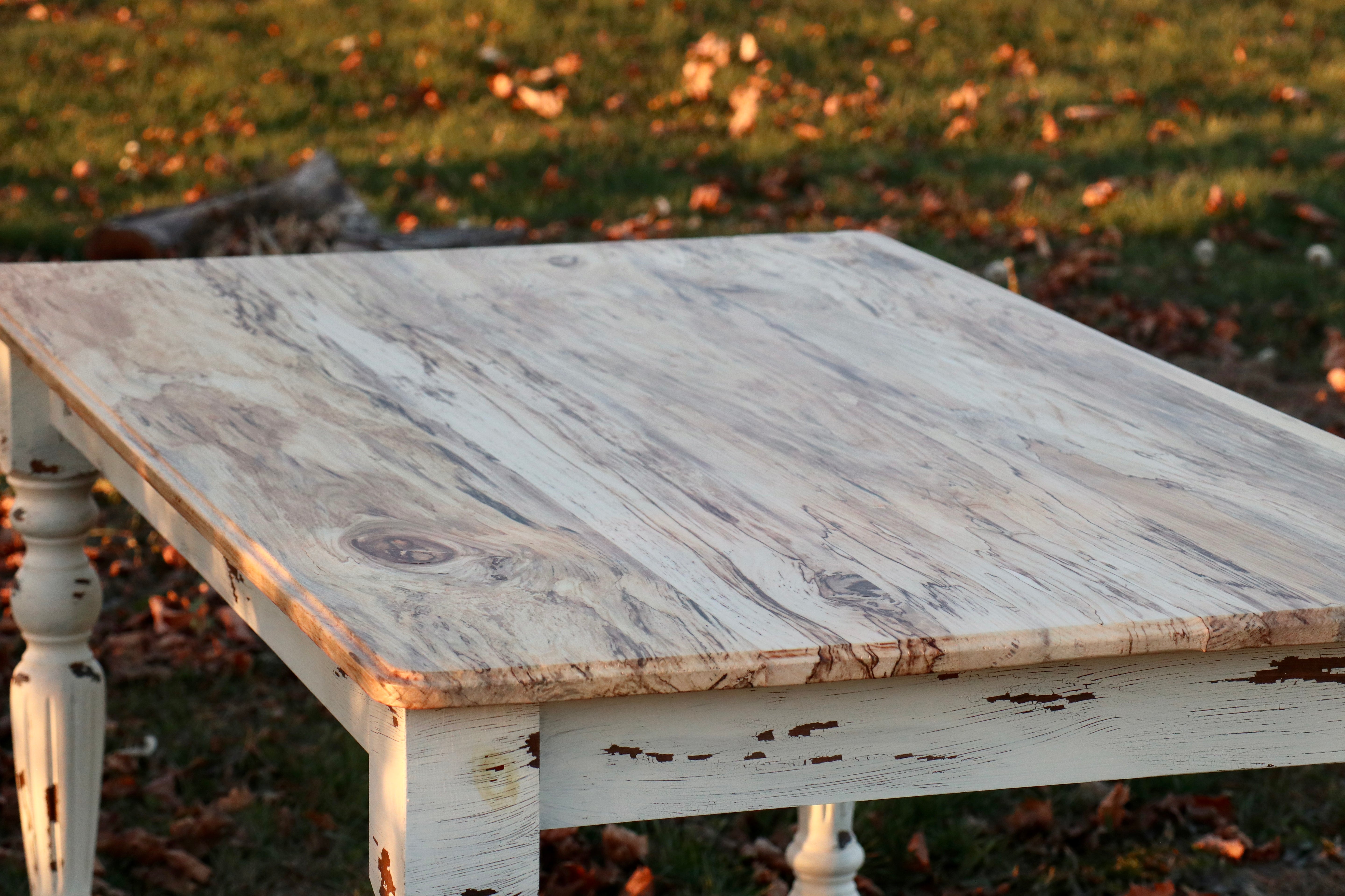 IN STOCK Spalted Maple Farmhouse Dining Table with White-Distressed Paint