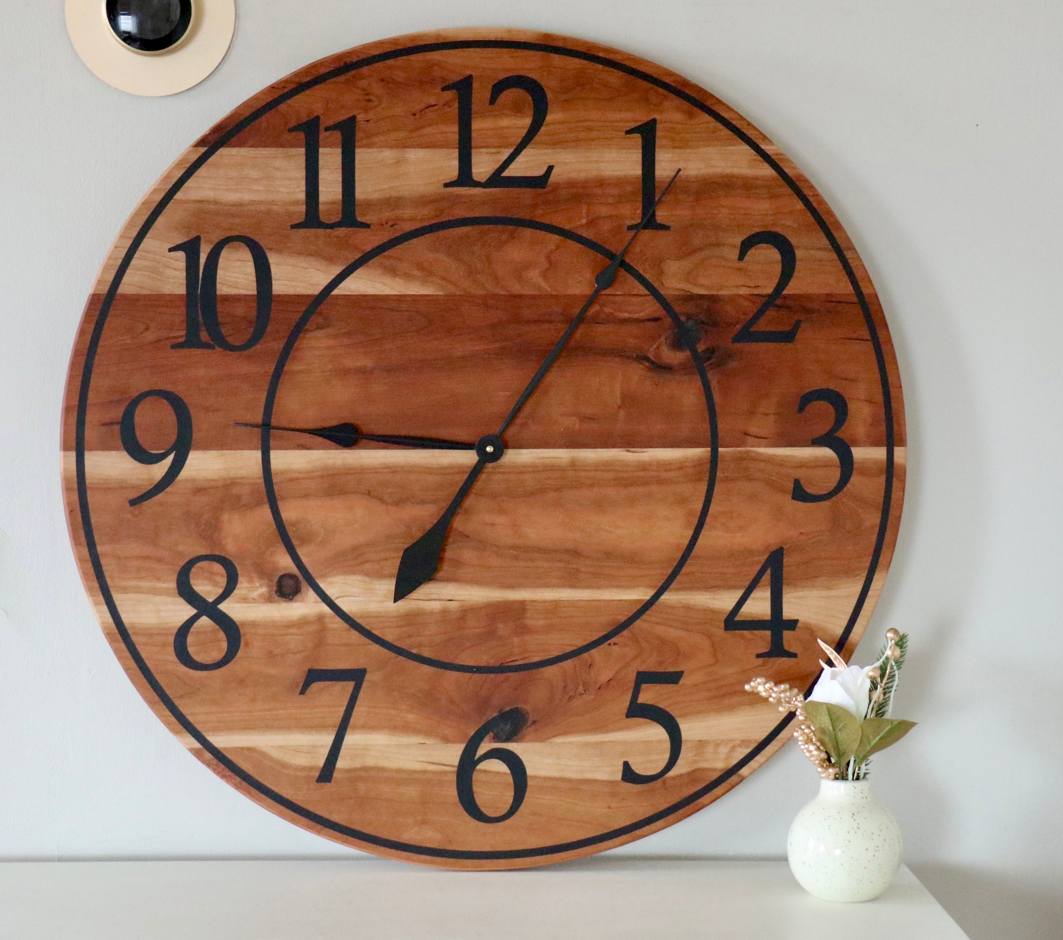 Large Sappy 30&quot; Solid Cherry Hardwood Wall Clock with Black Numbers (in stock)