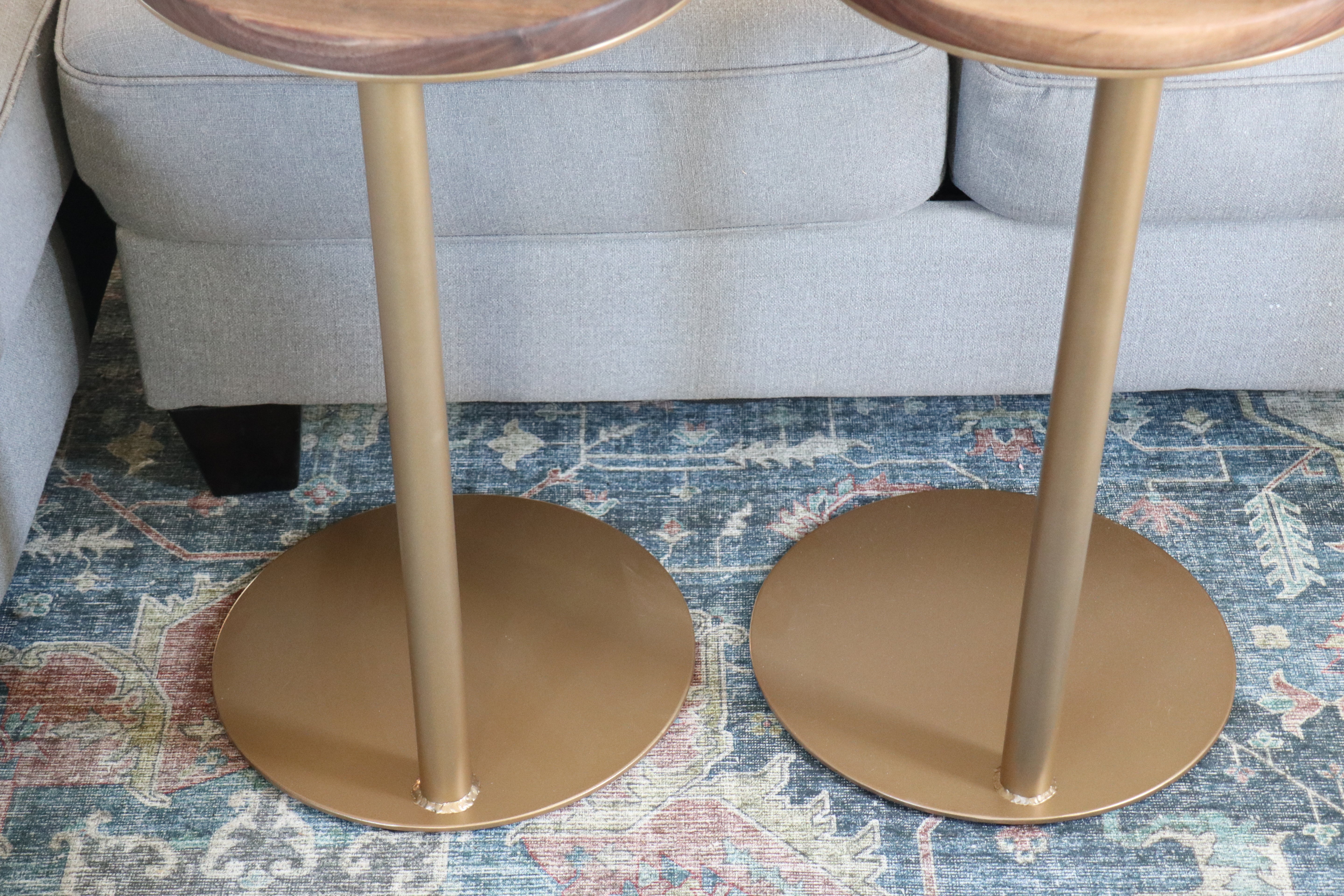 Small Live-Edge Walnut, Gold Round Industrial Side Table