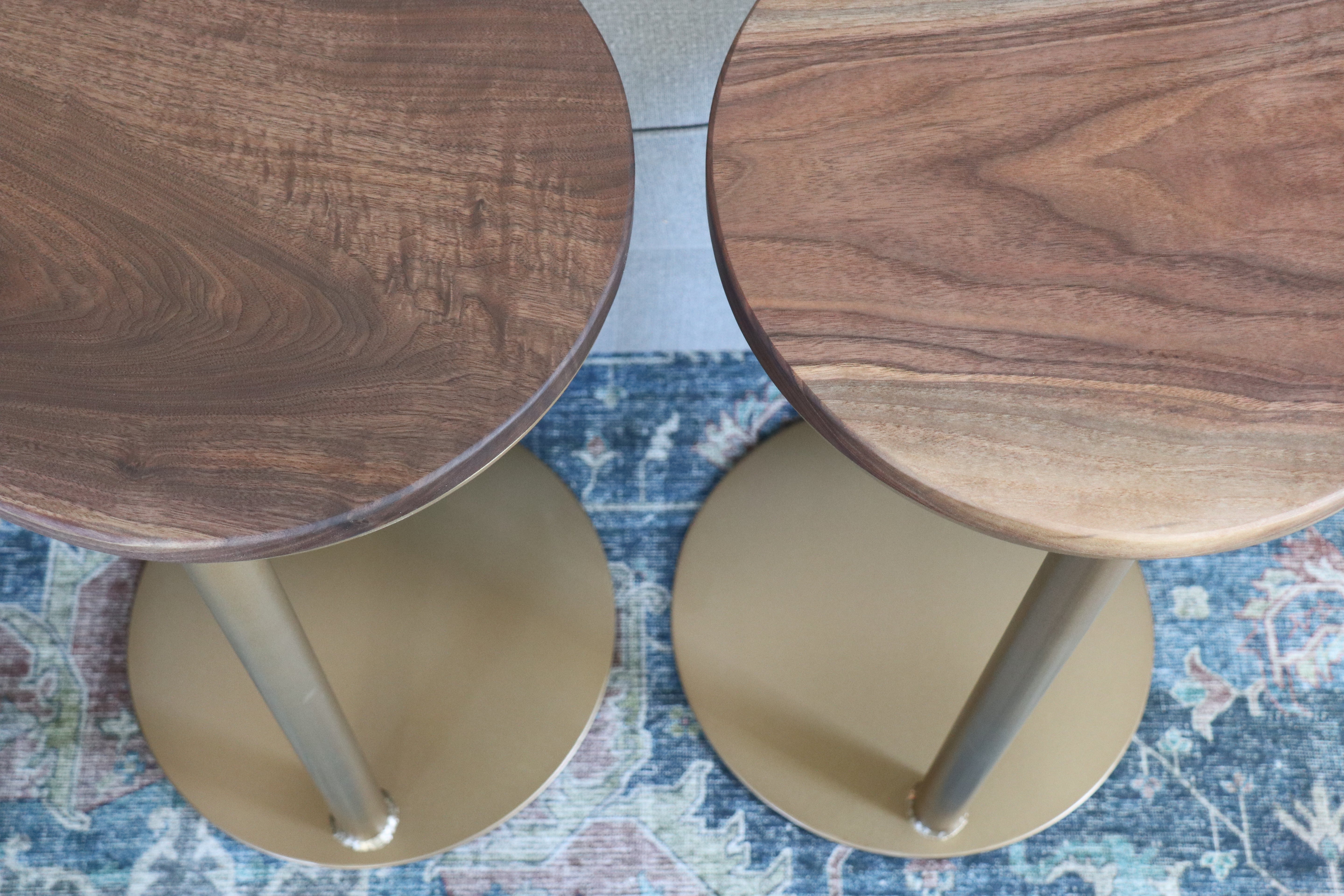 Small Live-Edge Walnut, Gold Round Industrial Side Table