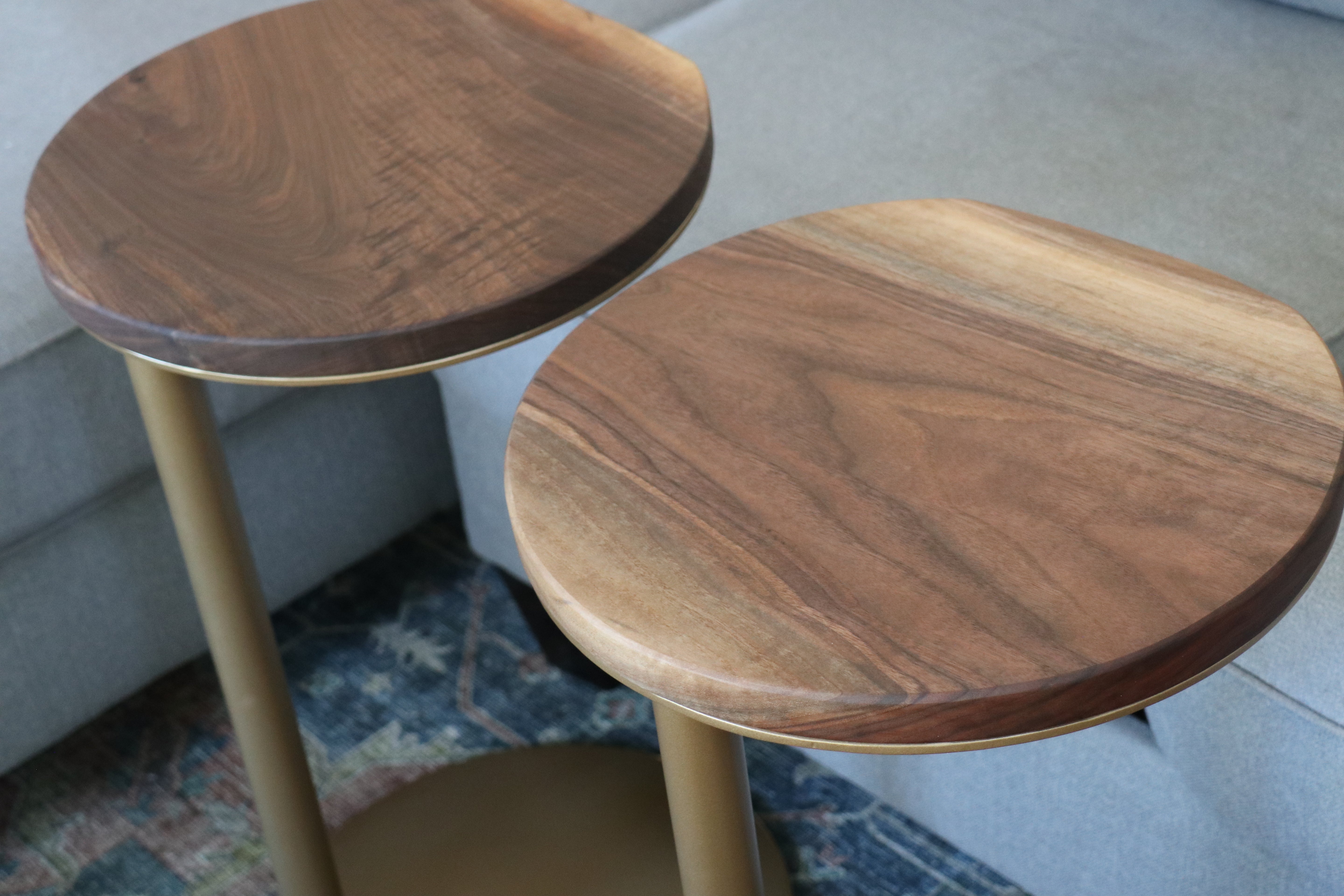 Small Live-Edge Walnut, Gold Round Industrial Side Table