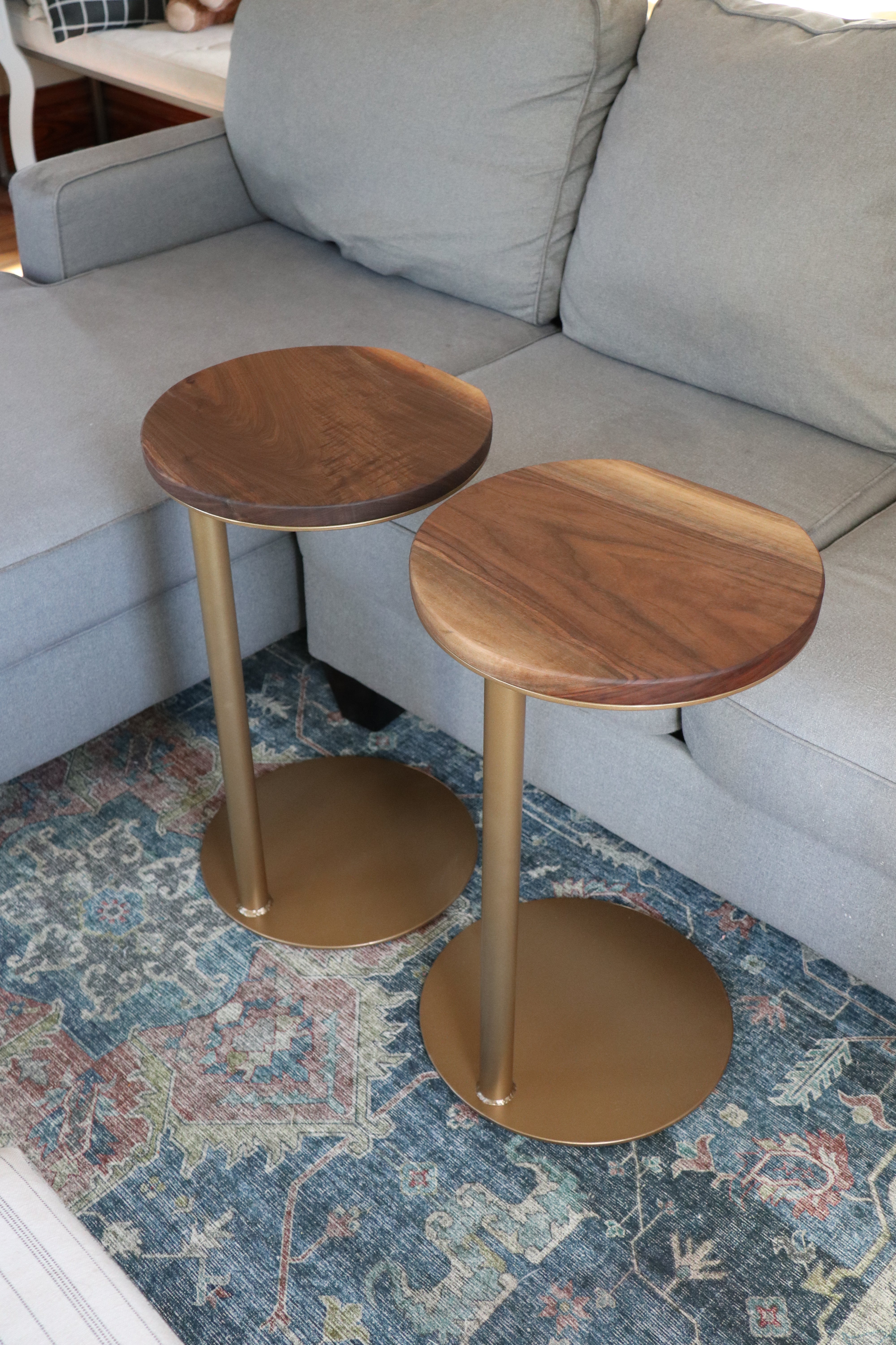 Small Live-Edge Walnut, Gold Round Industrial Side Table