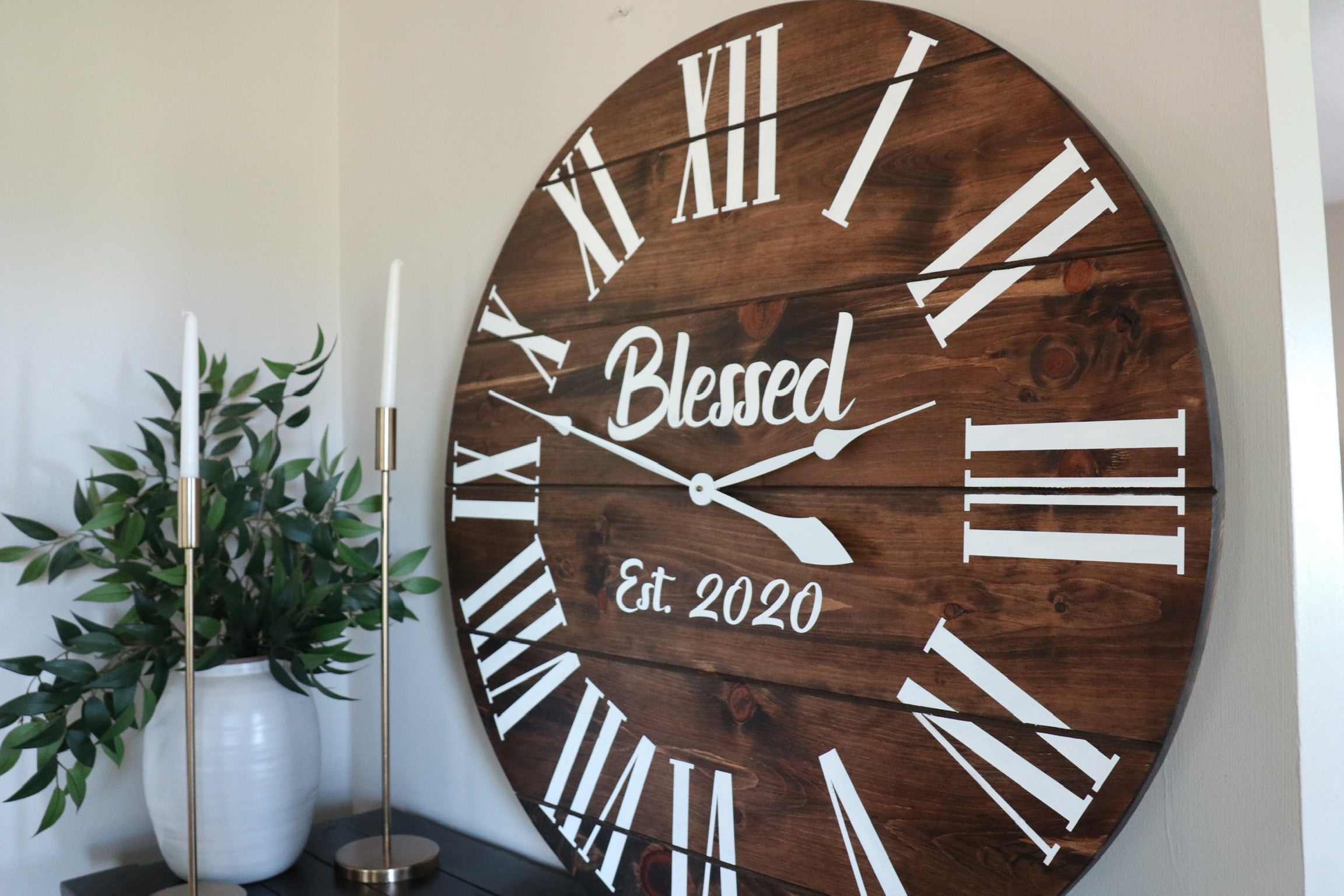 Personalized Dark Stained Large Farmhouse Wall Clock with White Roman Numerals