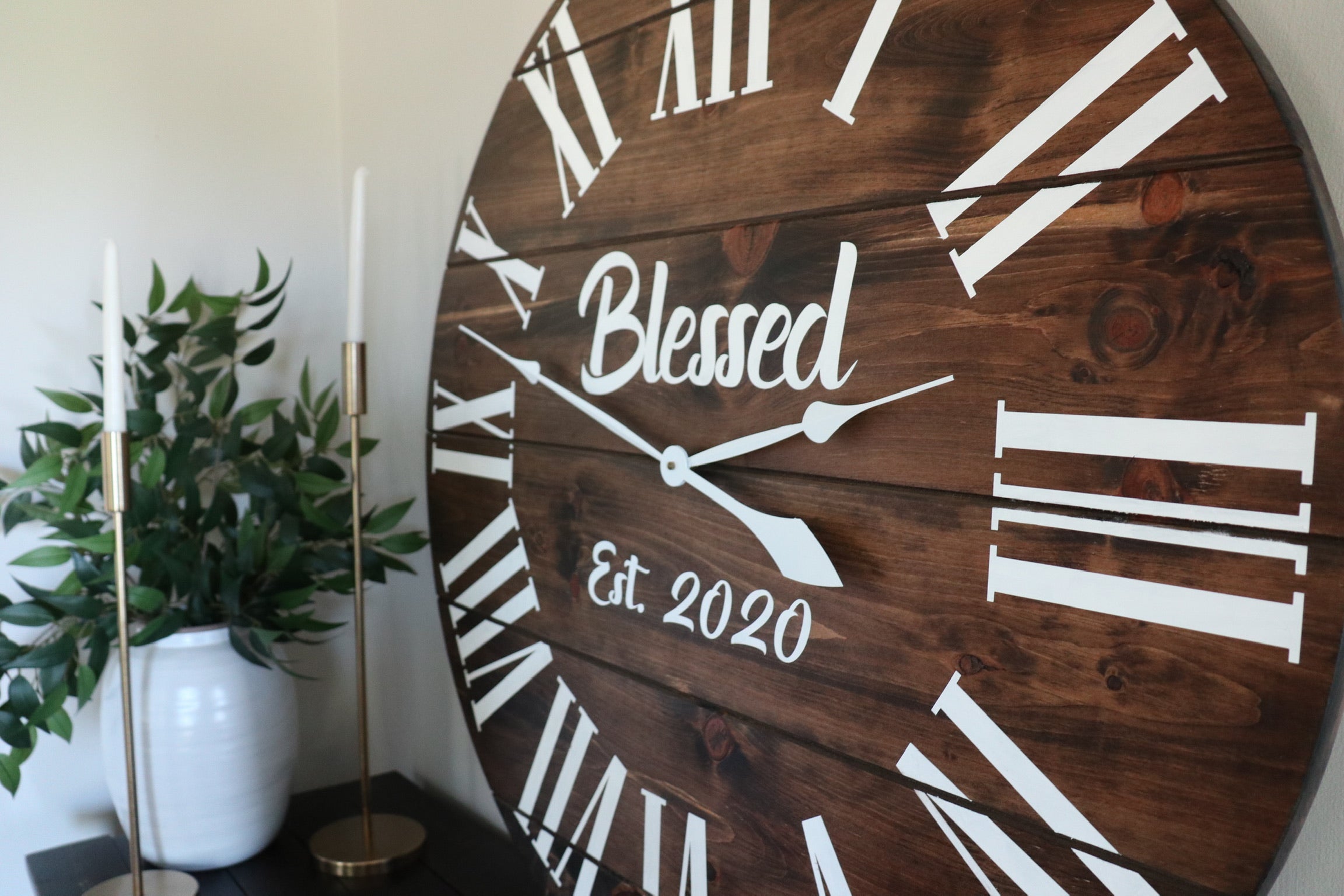 Personalized Dark Stained Large Farmhouse Wall Clock with White Roman Numerals