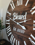 Personalized Dark Stained Large Farmhouse Wall Clock with White Roman Numerals