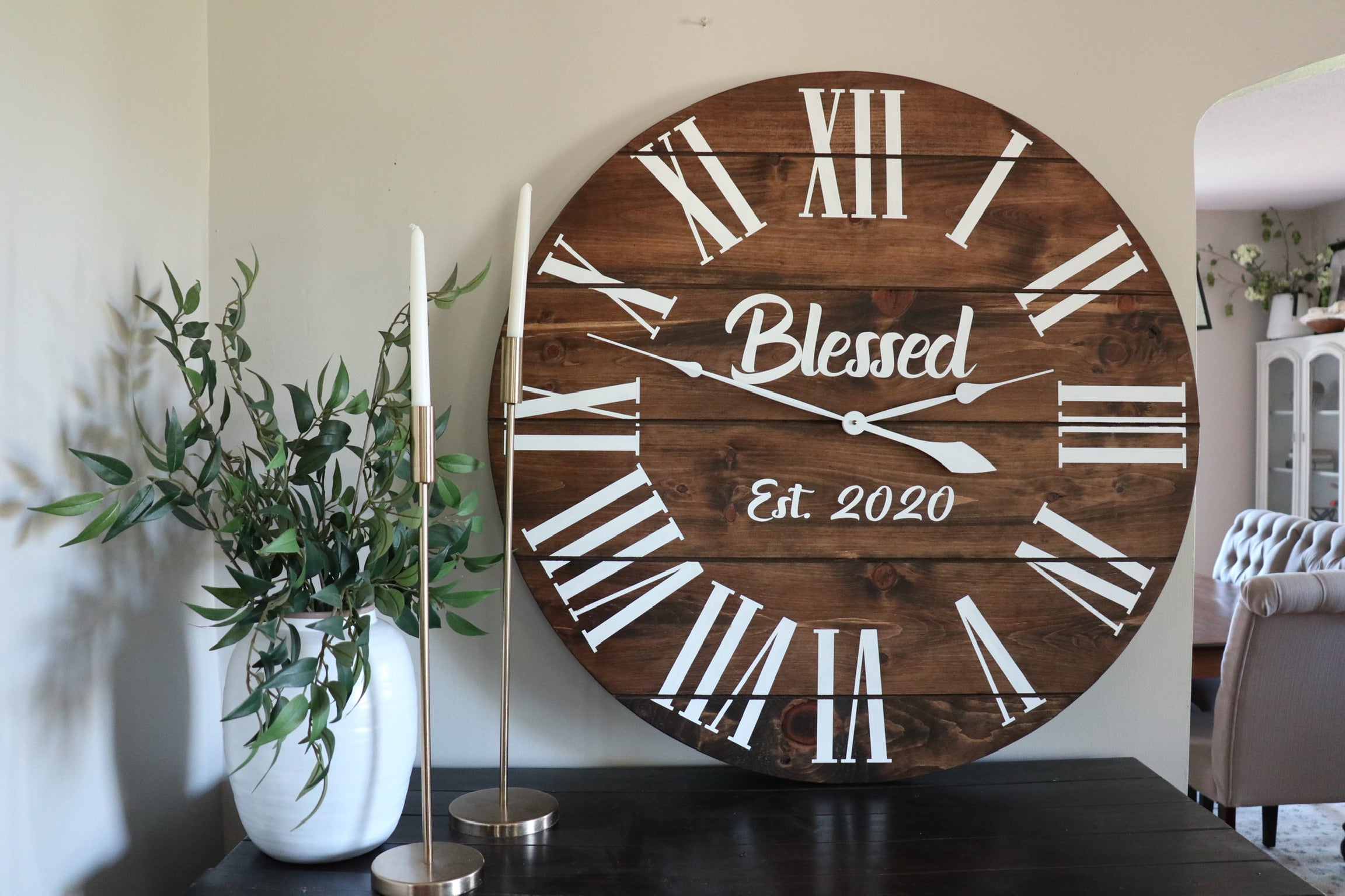 Personalized Dark Stained Large Farmhouse Wall Clock with White Roman Numerals