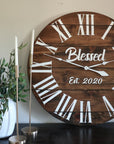 Personalized Dark Stained Large Farmhouse Wall Clock with White Roman Numerals