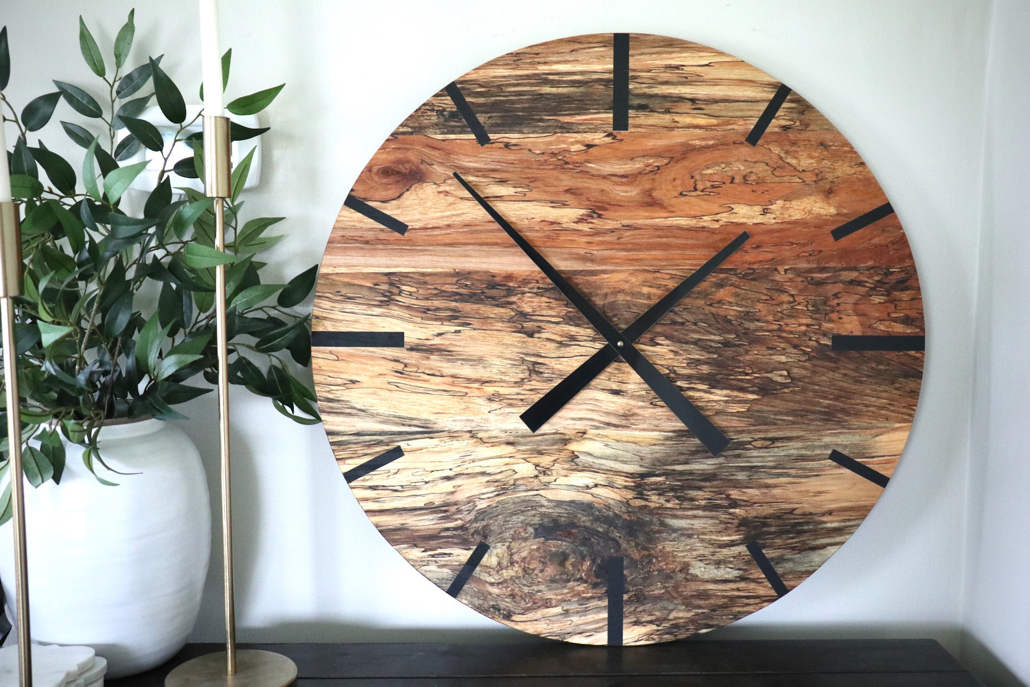 Mid Century Modern Hardwood Spalted Maple Wall Clock with Black Number LinesMid Century Modern Hardwood Spalted Maple Wall Clock with Black Number Lines