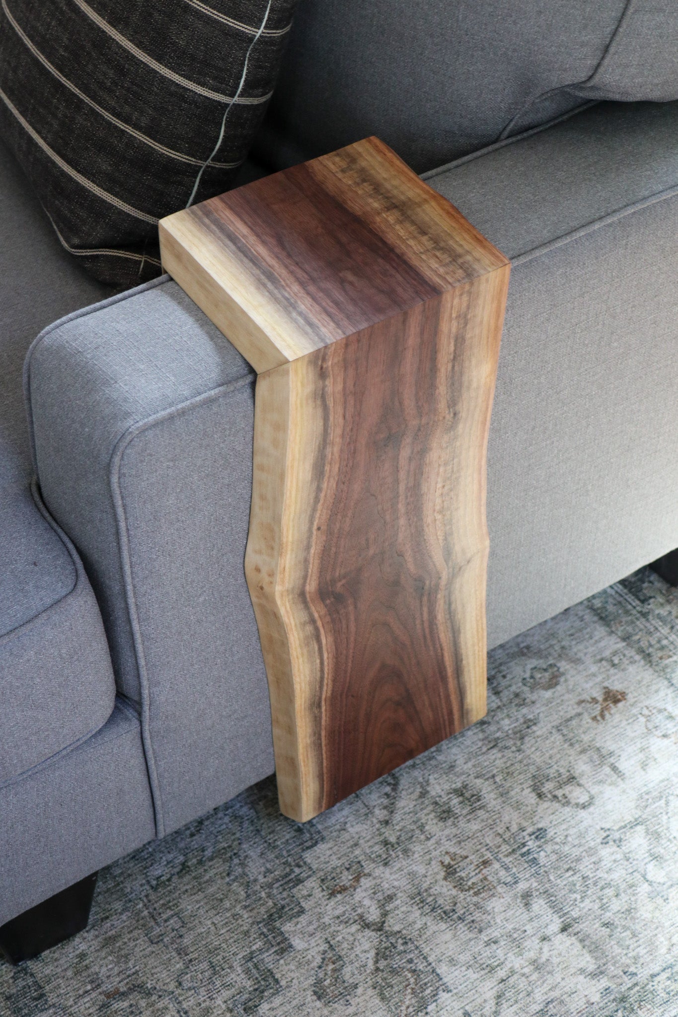 Live Edge Walnut Waterfall Armrest Sofa Table - Extra Long Square To the Floor