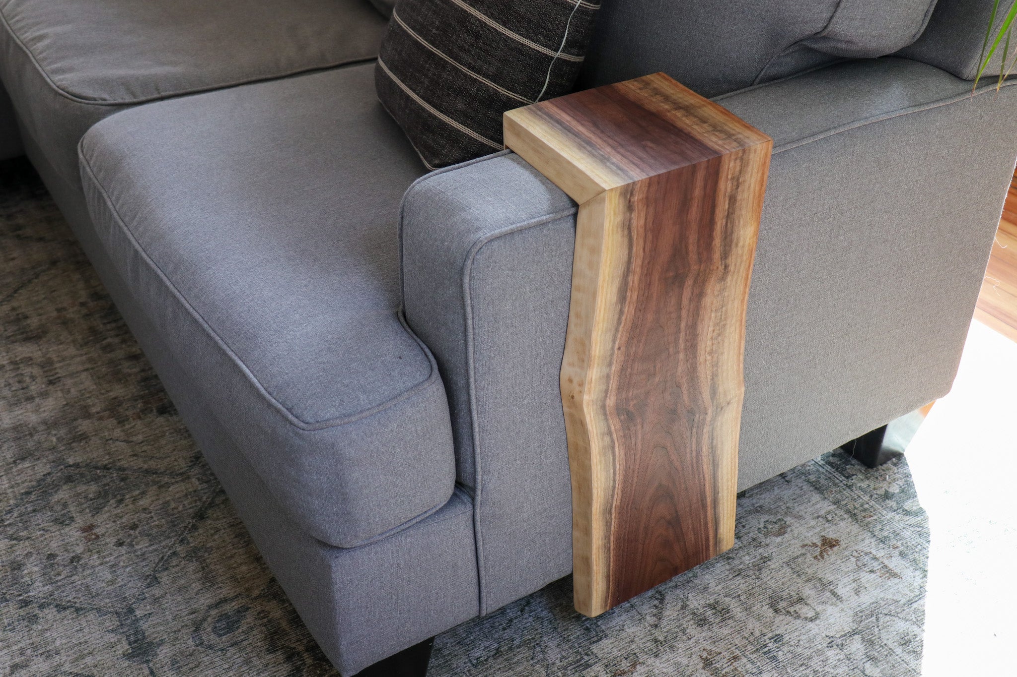 Live Edge Walnut Waterfall Armrest Sofa Table - Extra Long Square To the Floor