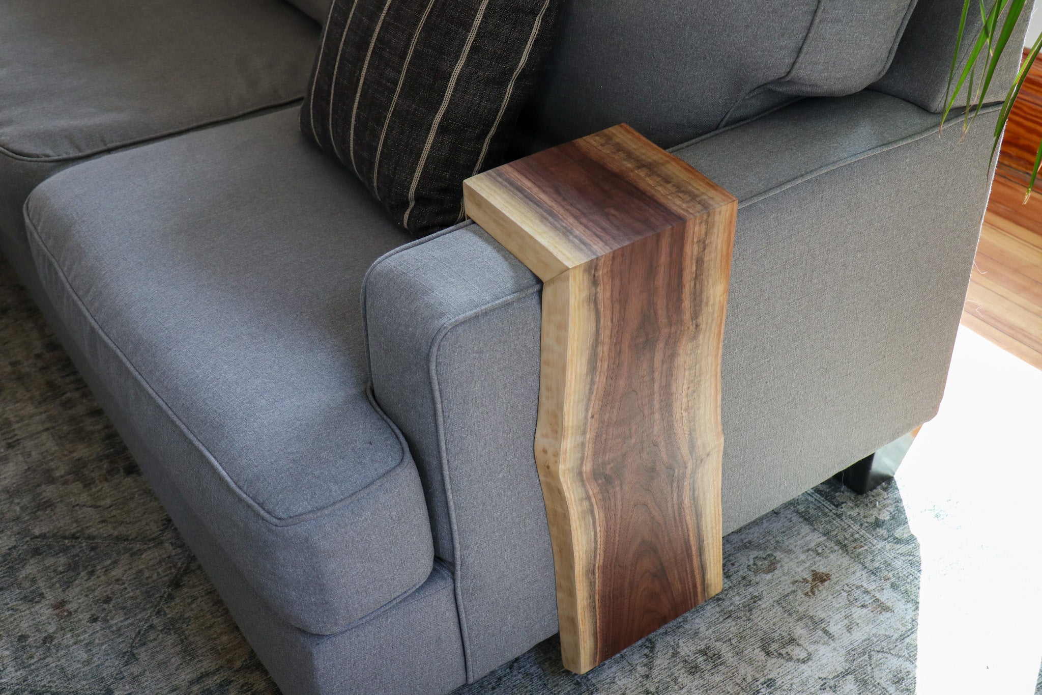 Live Edge Walnut Waterfall Armrest Sofa Table - Extra Long Square To the Floor