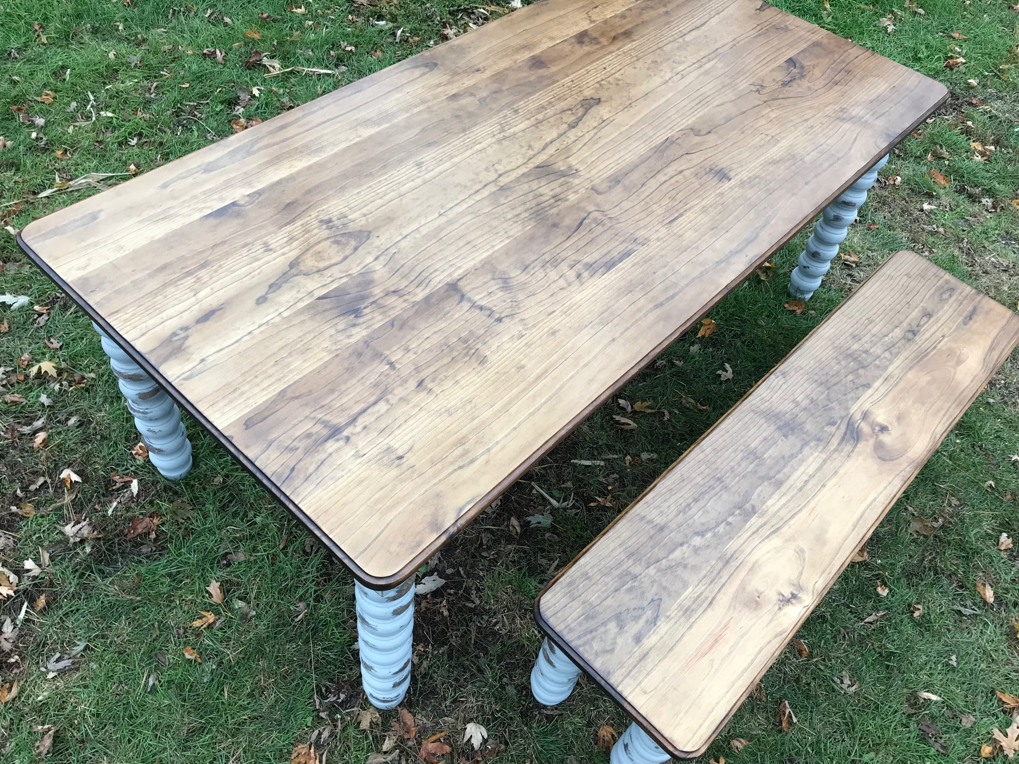 Farmhouse Dining Table with Grey Distressed Legs and Stained Top Handmade Furniture in Iowa, USA