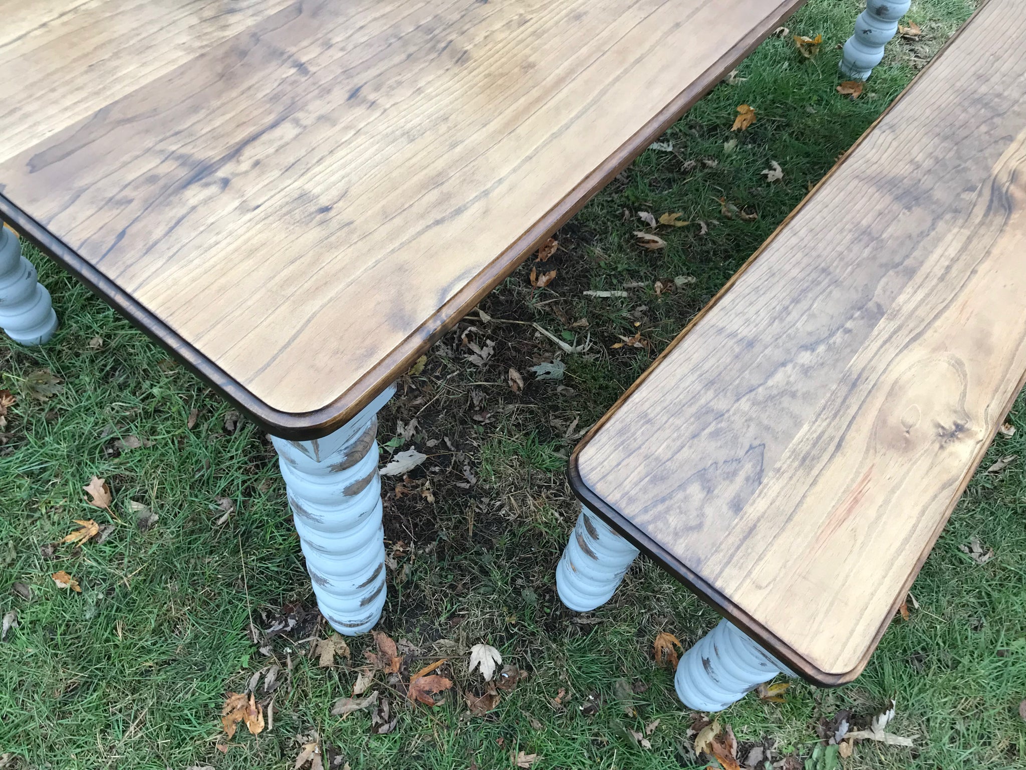 Farmhouse Dining Table with Grey Distressed Legs and Stained Top Handmade Furniture in Iowa, USA