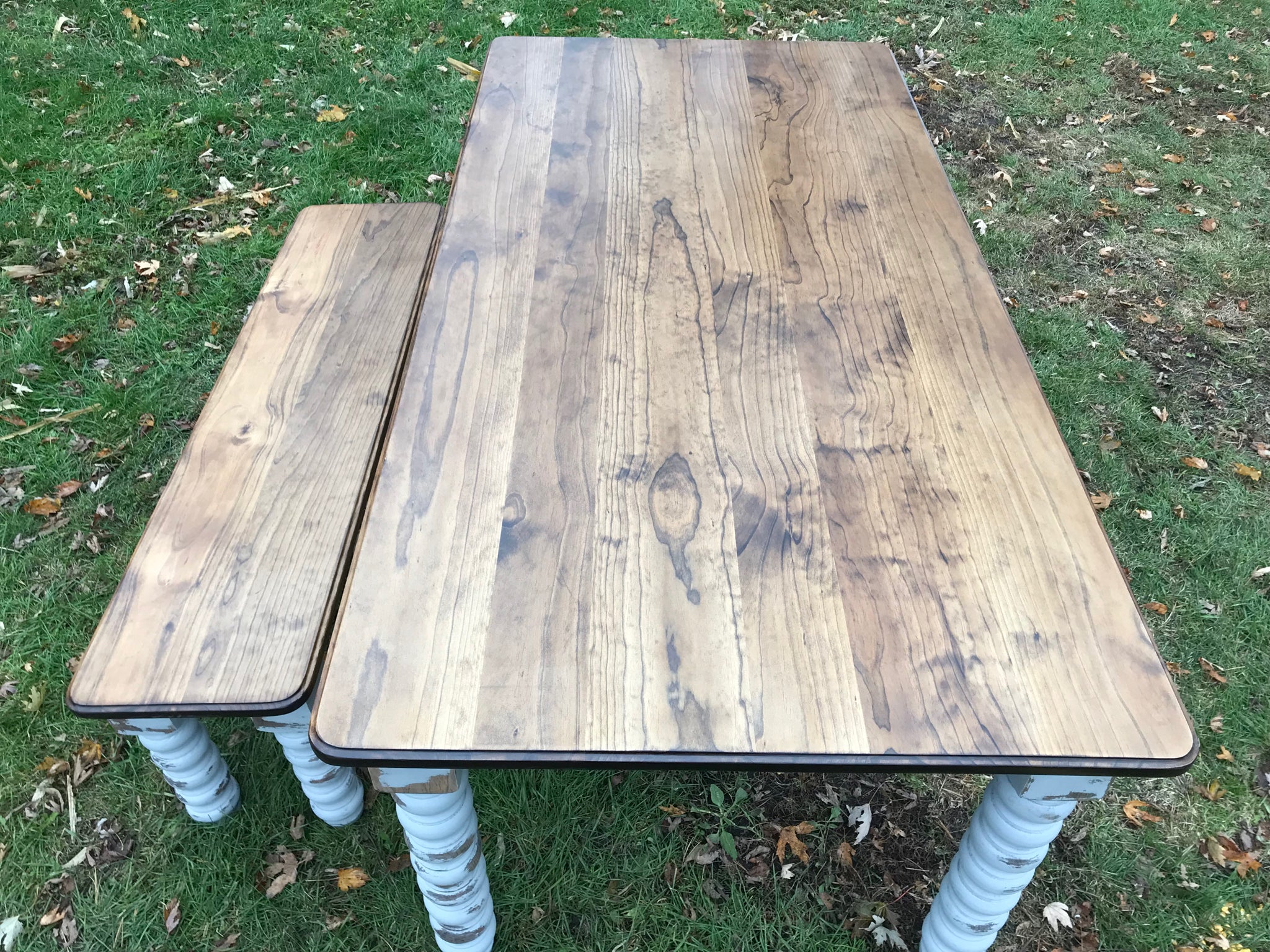 Farmhouse Dining Table with Grey Distressed Legs and Stained Top Handmade Furniture in Iowa, USA