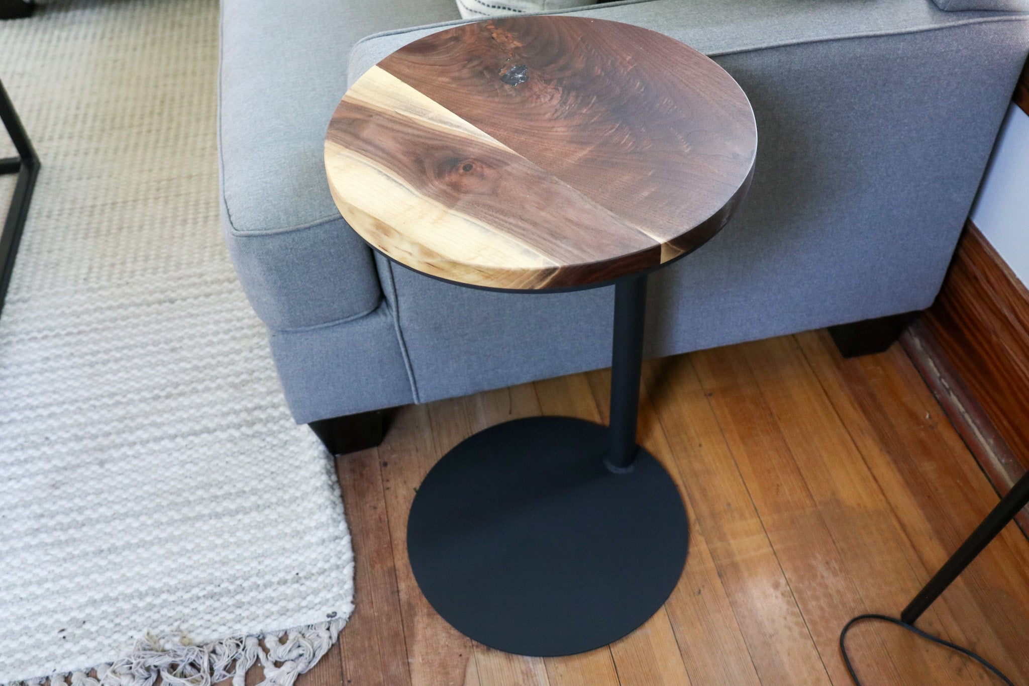 Large Live-Edge Walnut, Round Industrial Side Table