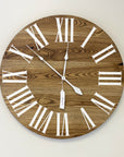 Dark Stained Solid Ash Wood Wall Clock with White Roman Numerals - Hazel Oak Farms