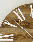 Dark Stained Solid Ash Wood Wall Clock with White Roman Numerals - Hazel Oak Farms Handmade Furniture in Iowa, USA
