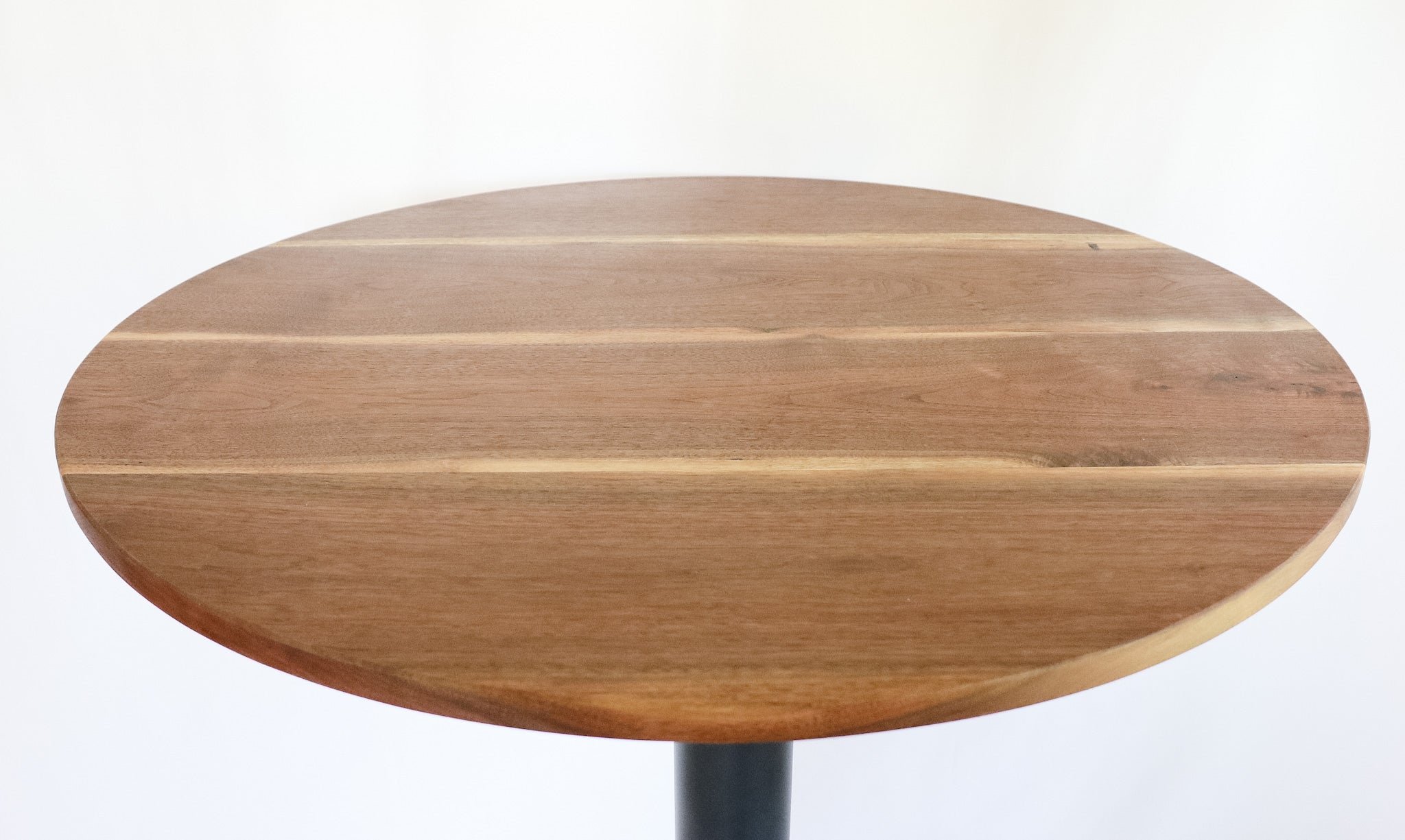 Modern Round Walnut Pub Table with Black Steel Legs   |   Bar or Standard Height