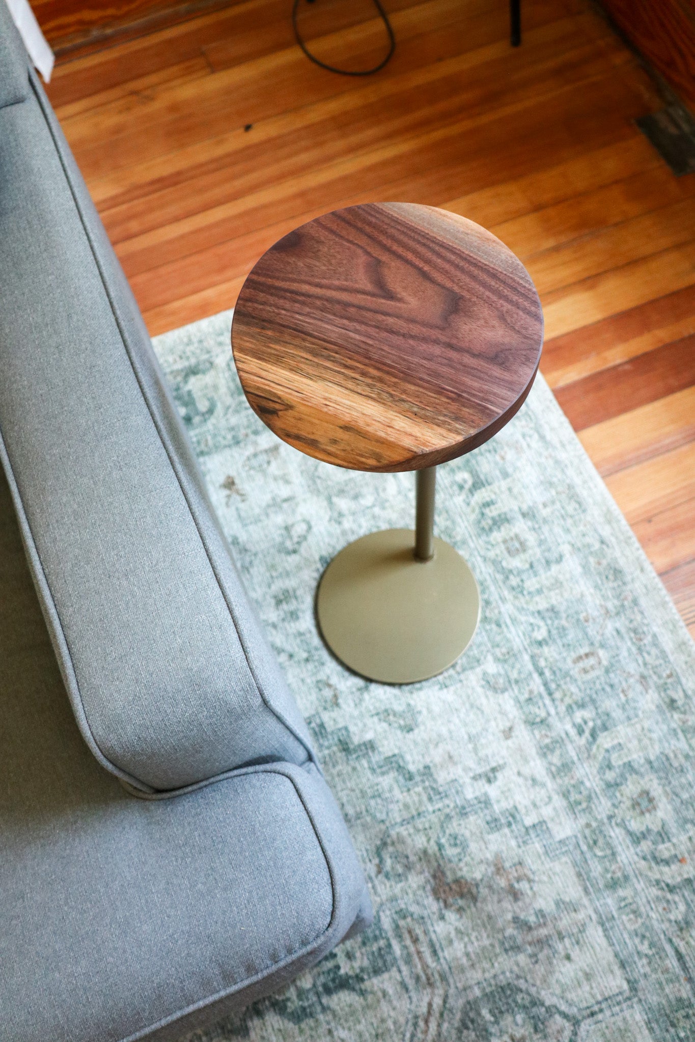 Small Live-Edge Walnut, Gold Round Industrial Side Table - Hazel Oak Farms