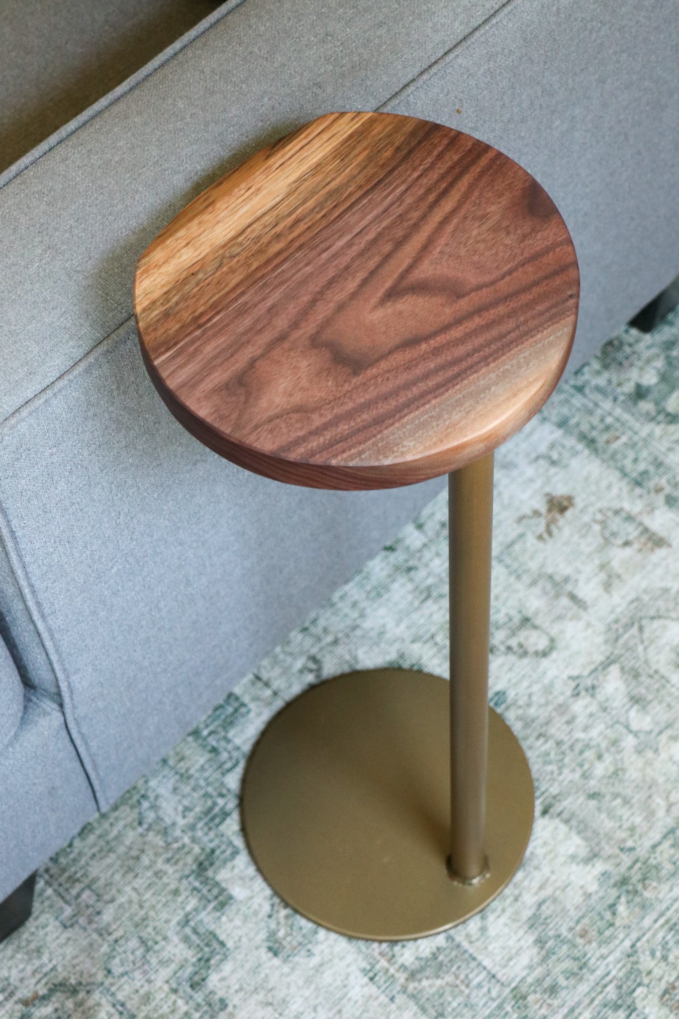 Small Live-Edge Walnut, Gold Round Industrial Side Table - Hazel Oak Farms