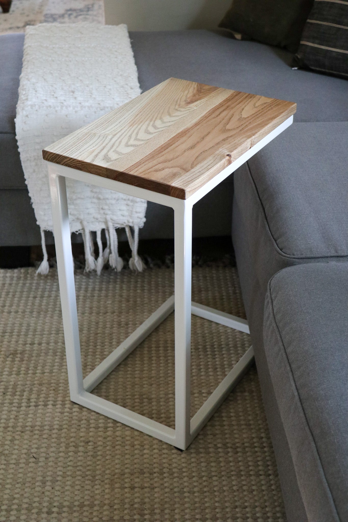 Solid Ash Wood &amp; White Metal C Table with Walnut Stain