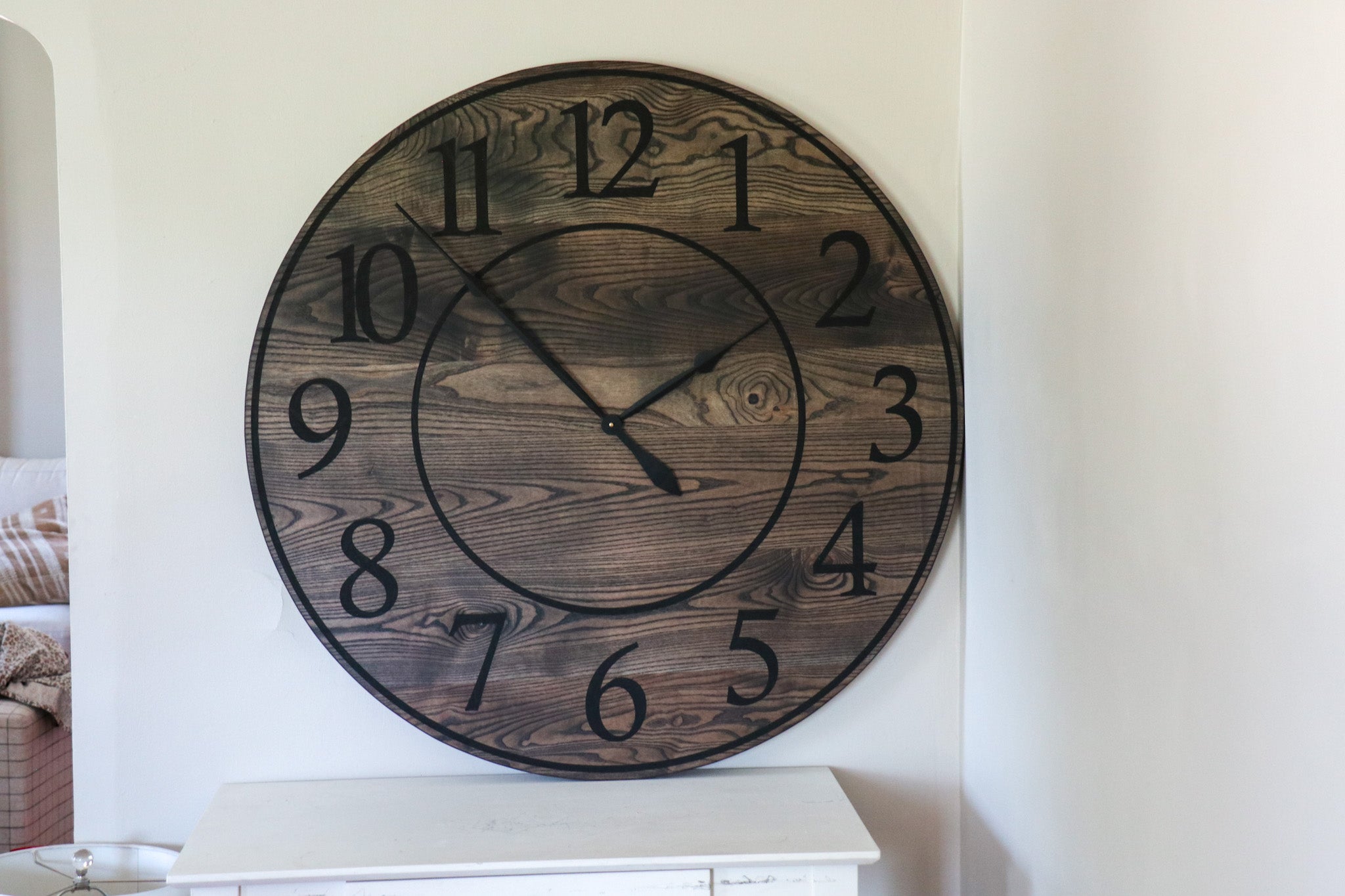 Black Stained Solid Ash Wood Wall Clock with White Roman Numerals - Hazel Oak Farms
