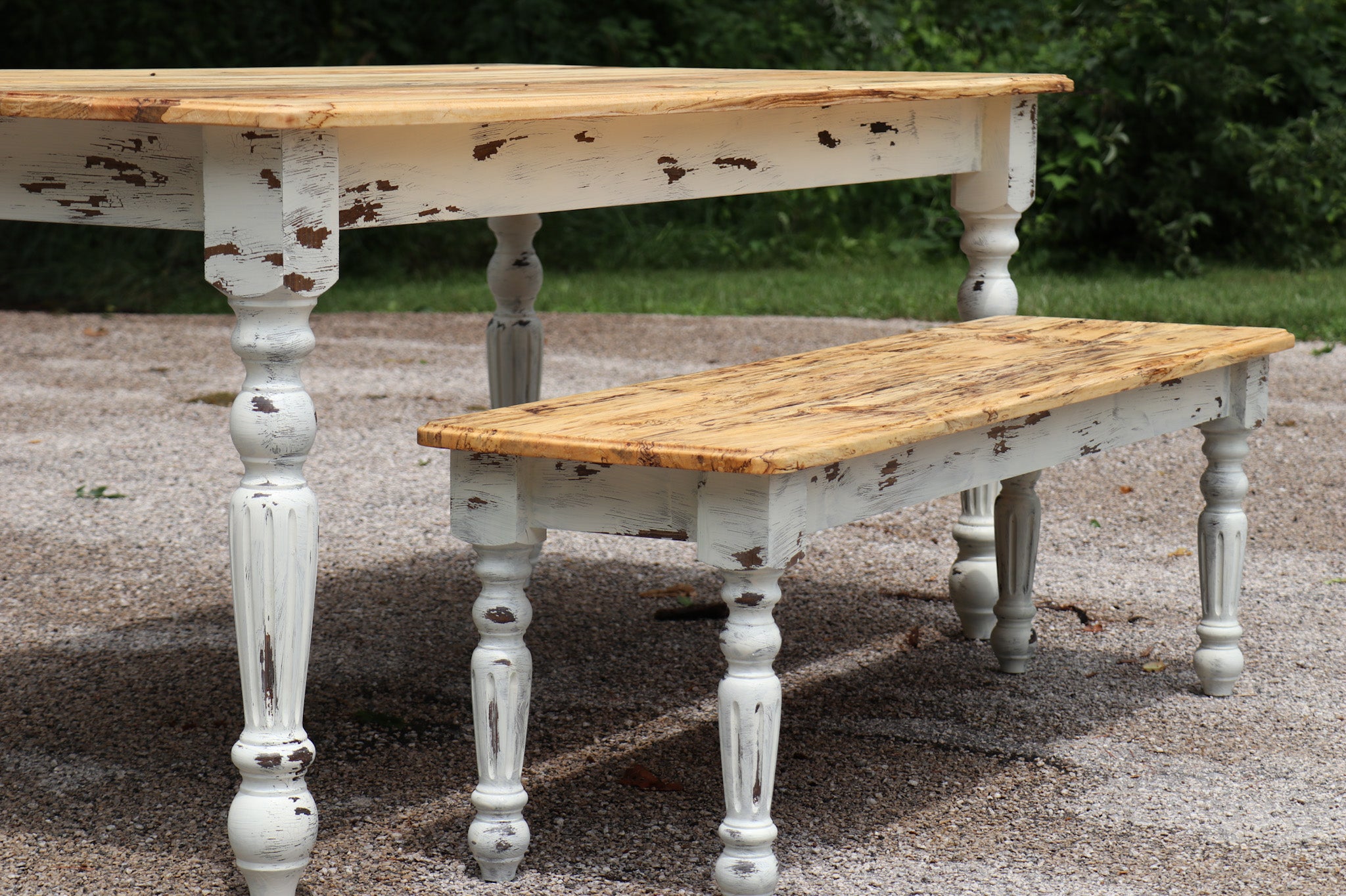 Spalted Maple Farmhouse Dining Table with White Distressed Paint