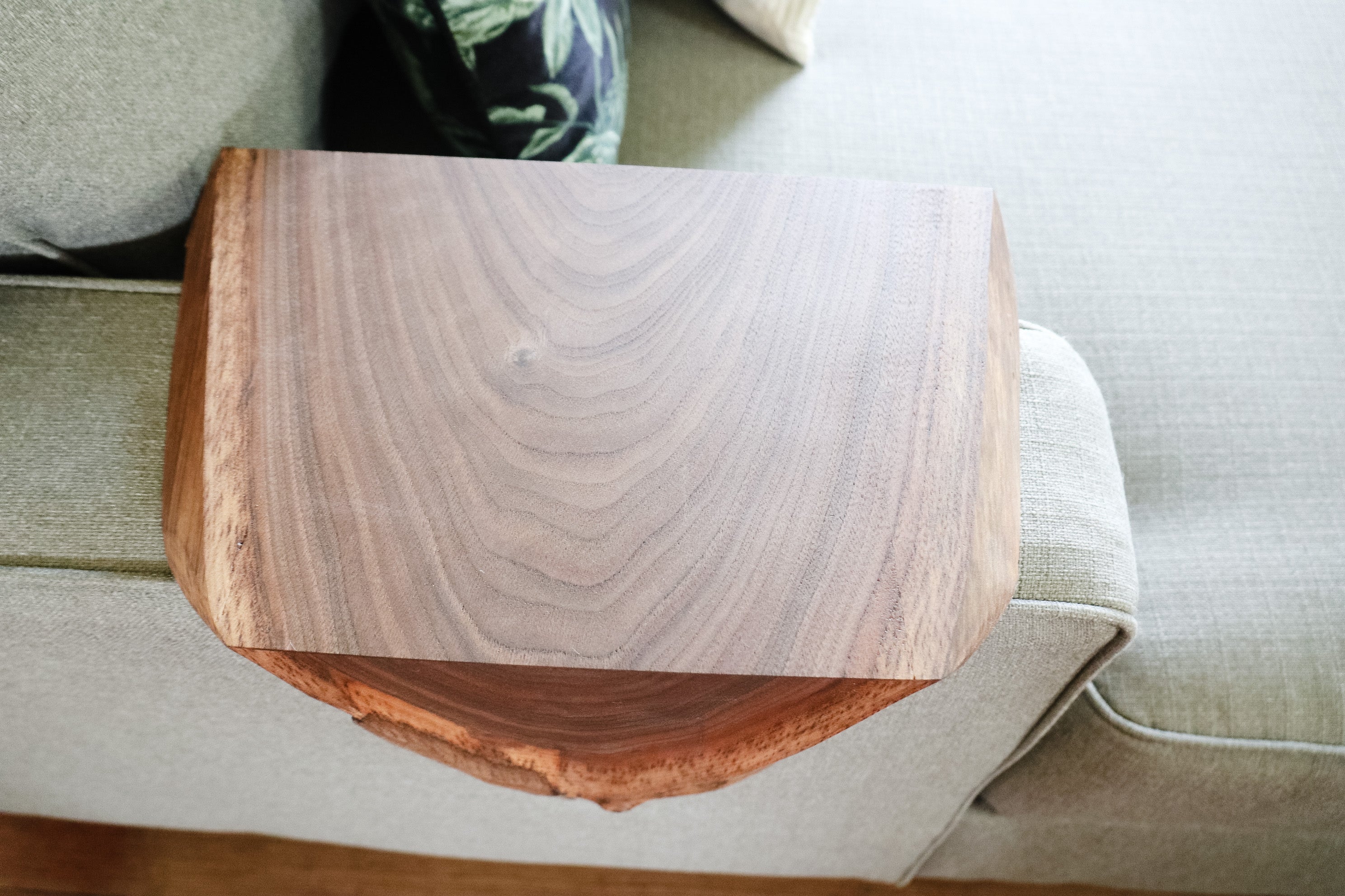 walnut wood sofa armrest table Handmade Furniture in Iowa