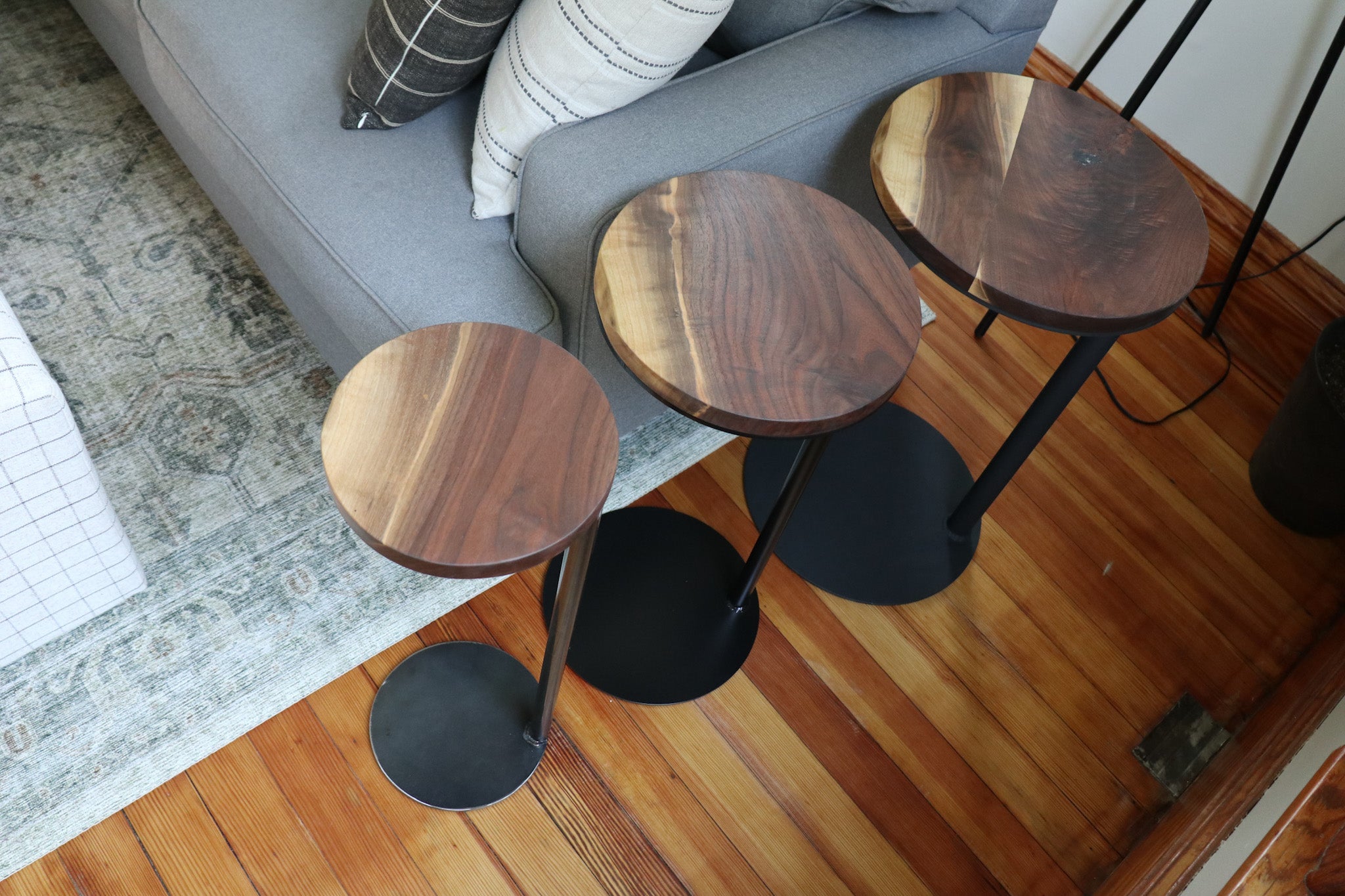 Live-Edge Walnut, Round Industrial Side Table