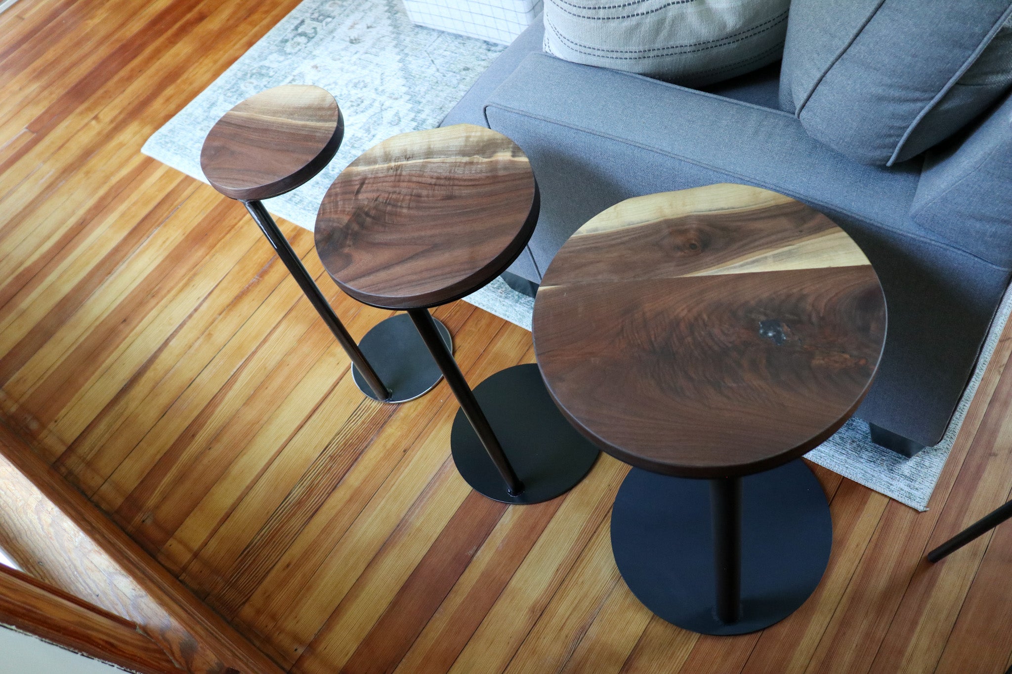 Live-Edge Walnut, Round Industrial Side Table