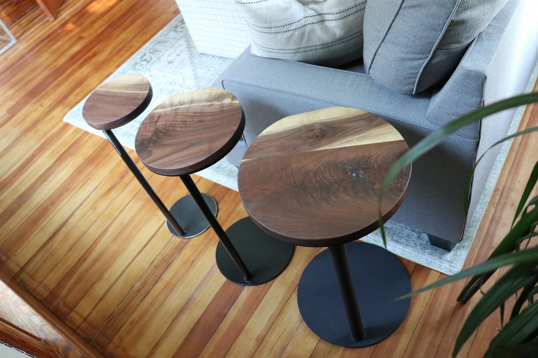 Live-Edge Walnut, Round Industrial Side Table