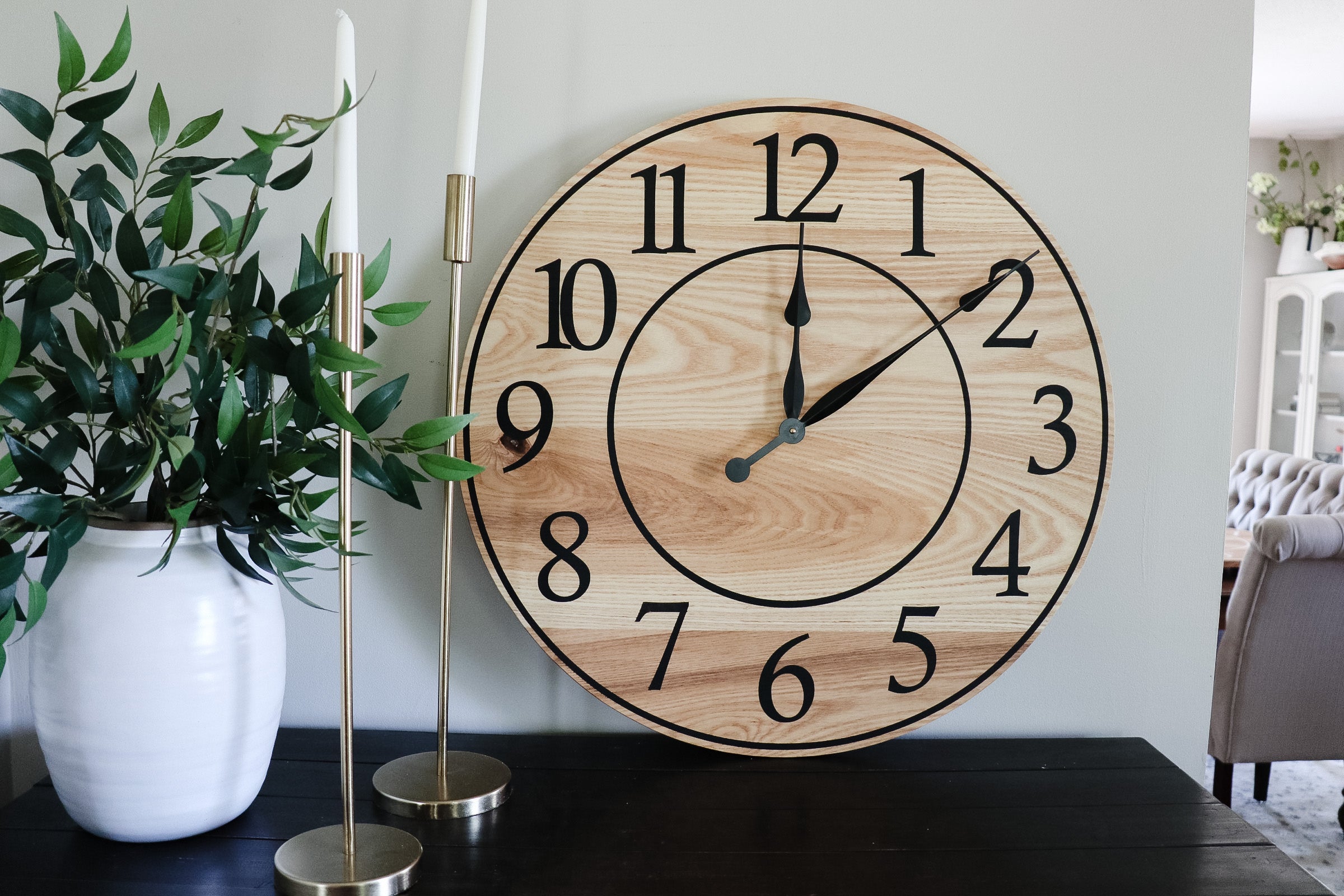 Solid Ash Wood Wall Clock with Black Numbers and Lines